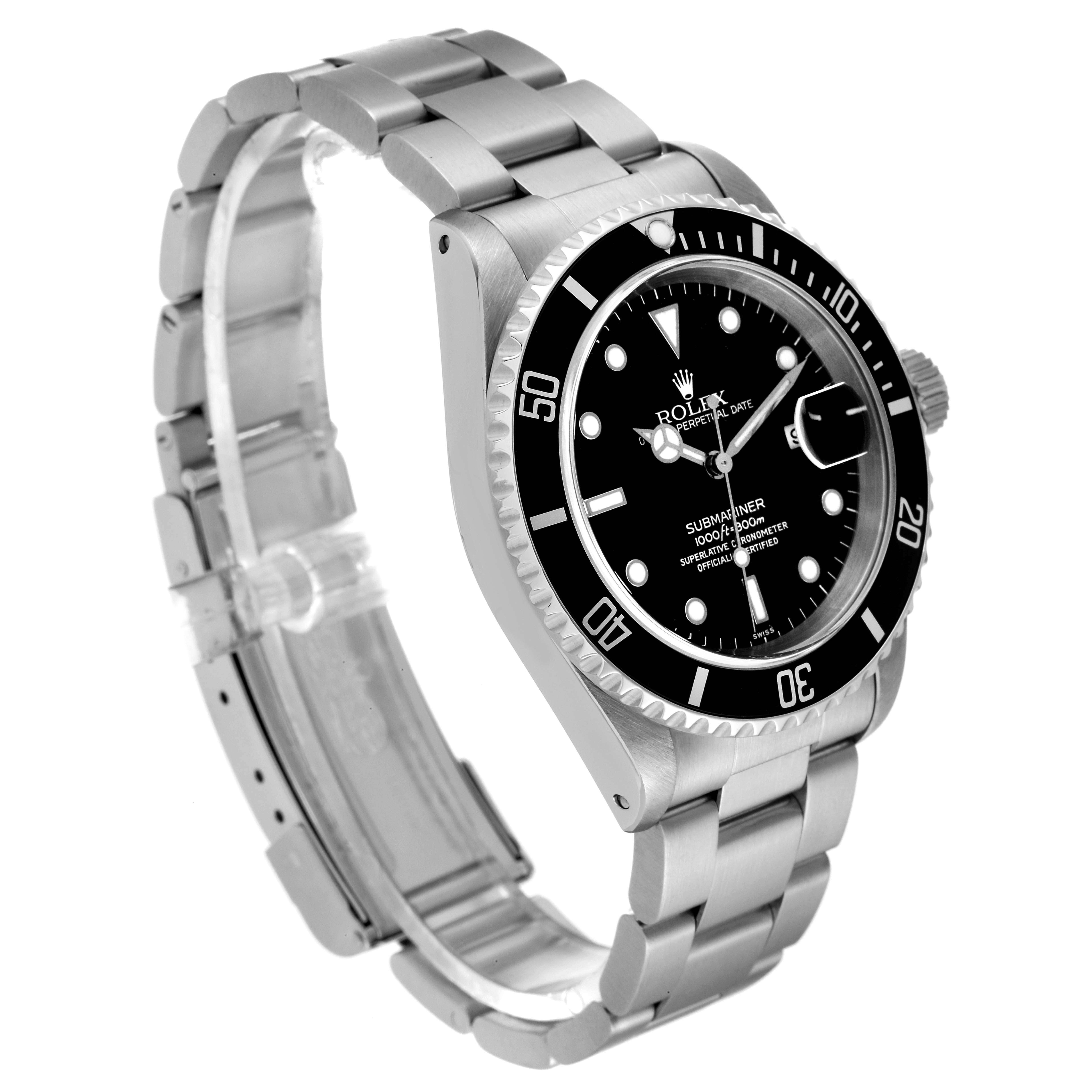 The image shows a side and front view of the Rolex Submariner 16610 Men
s Stainless Steel Black Dial 16610 Men
s Stainless Steel Black Dial watch, displaying its stainless steel bracelet and black dial.
