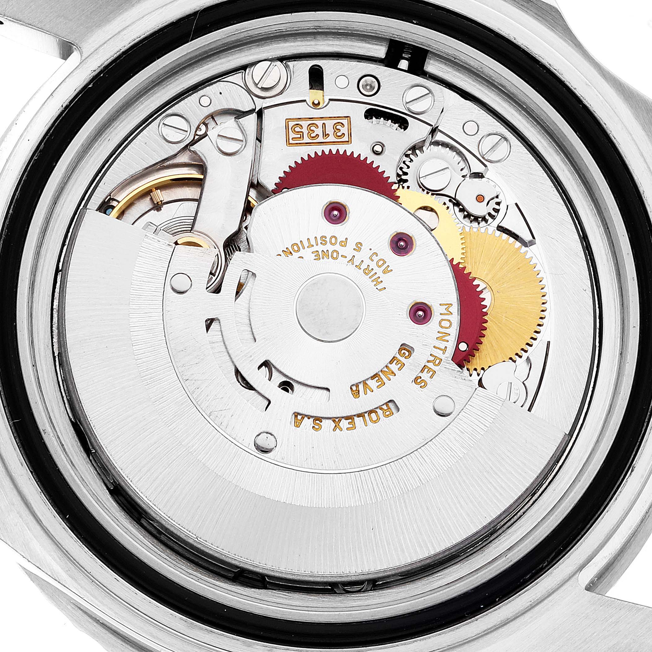 This image shows the internal mechanism and movement of a Rolex Submariner 16610 Men
s Stainless Steel Black Dial 16610 Men
s Stainless Steel Black Dial watch from a rear angle.