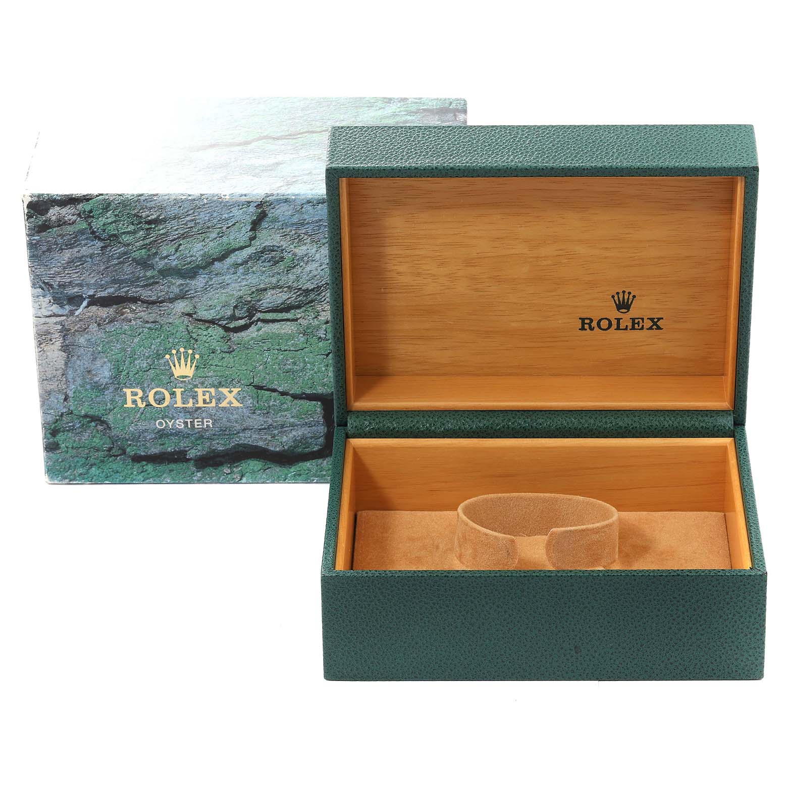 The image shows the Rolex Submariner 16610 Men
s Stainless Steel Black Dial 16610 Men
s Stainless Steel Black Dial watch box at an eye-level angle with its outer cover and inner wooden case.