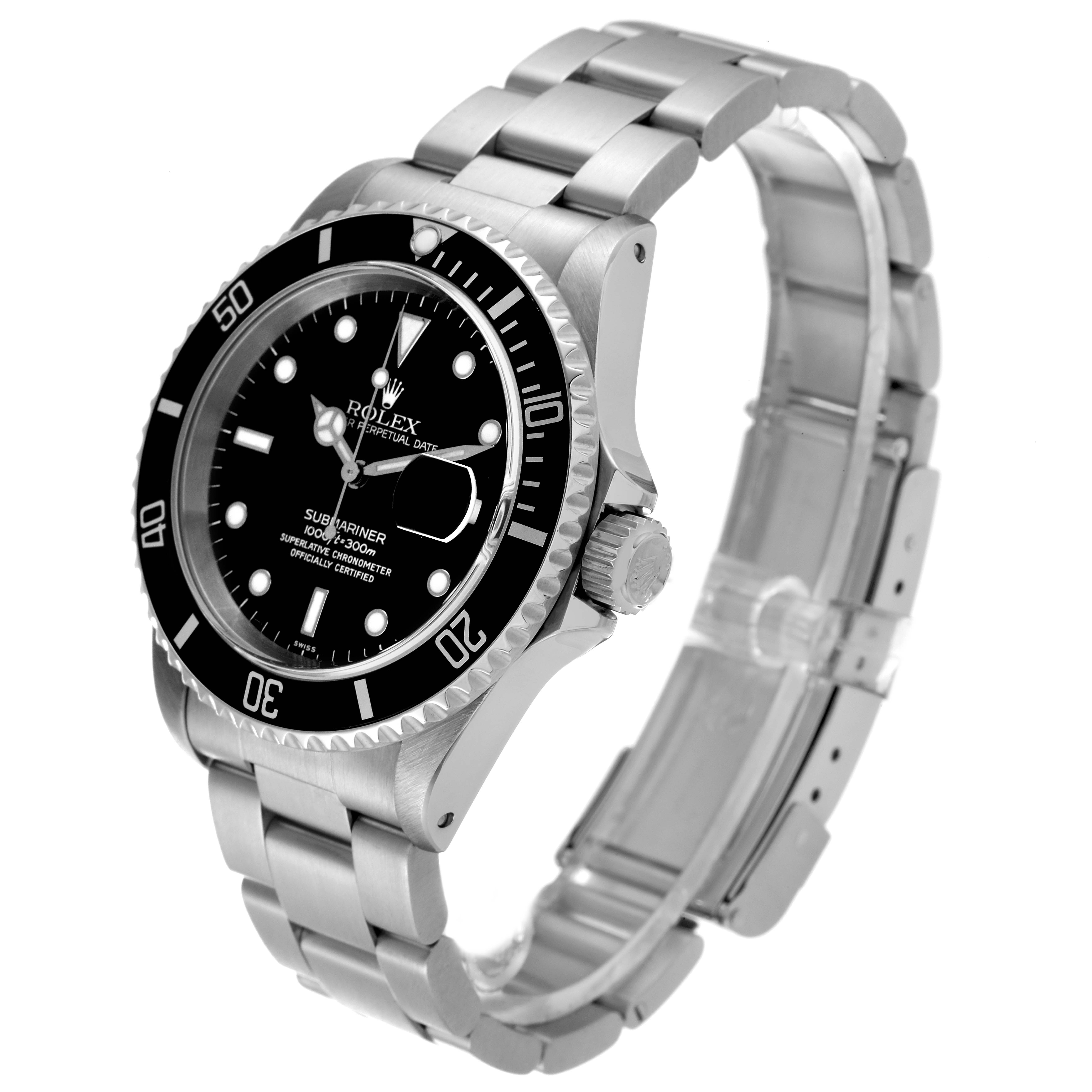 The image shows a Rolex Submariner 16610 Men
s Stainless Steel Black Dial 16610 Men
s Stainless Steel Black Dial watch at a slight angle, highlighting its face, bezel, and stainless steel bracelet.