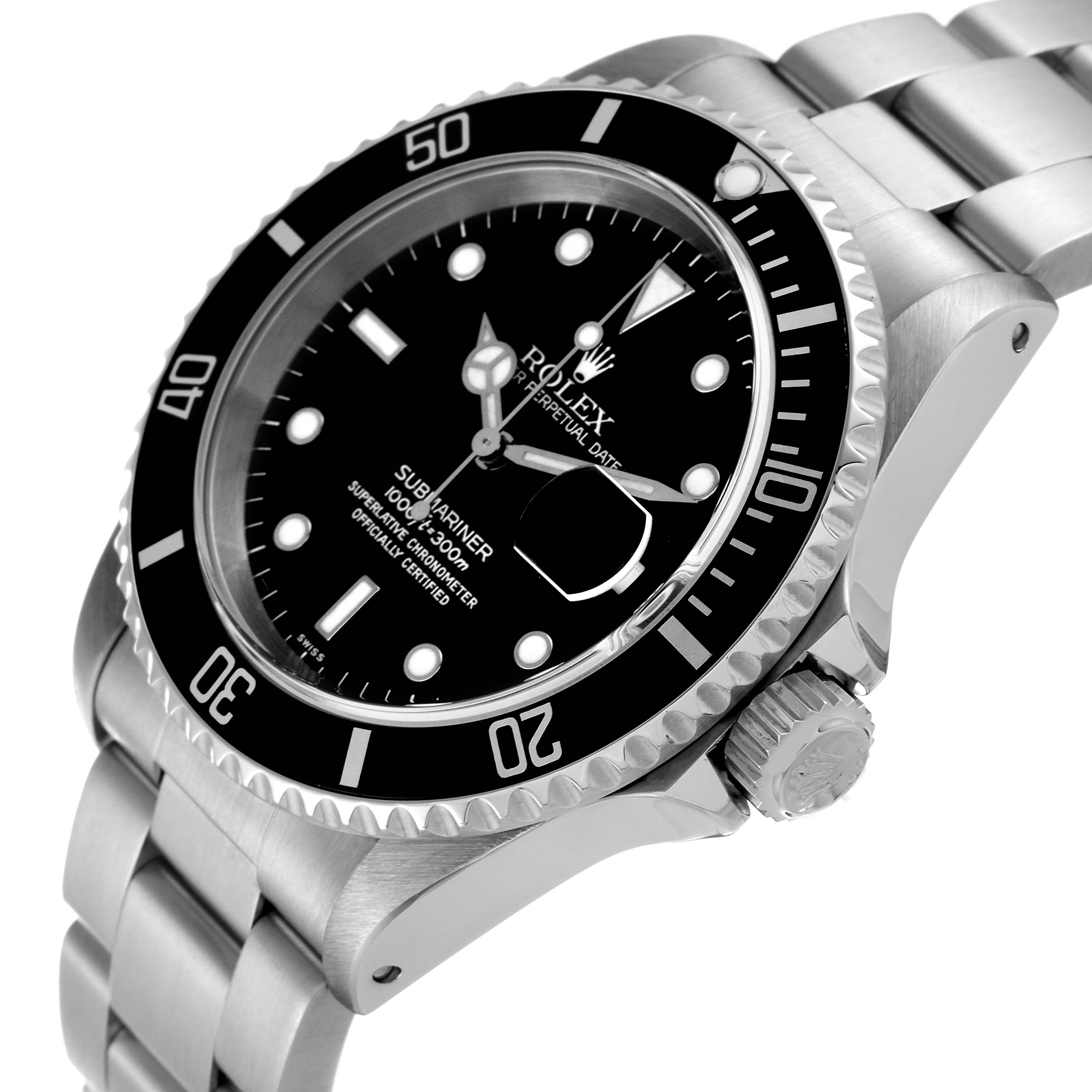 The image shows a Rolex Submariner 16610 Men
s Stainless Steel Black Dial 16610 Men
s Stainless Steel Black Dial watch from a slightly tilted angle, highlighting its black dial, bezel, and stainless steel bracelet.