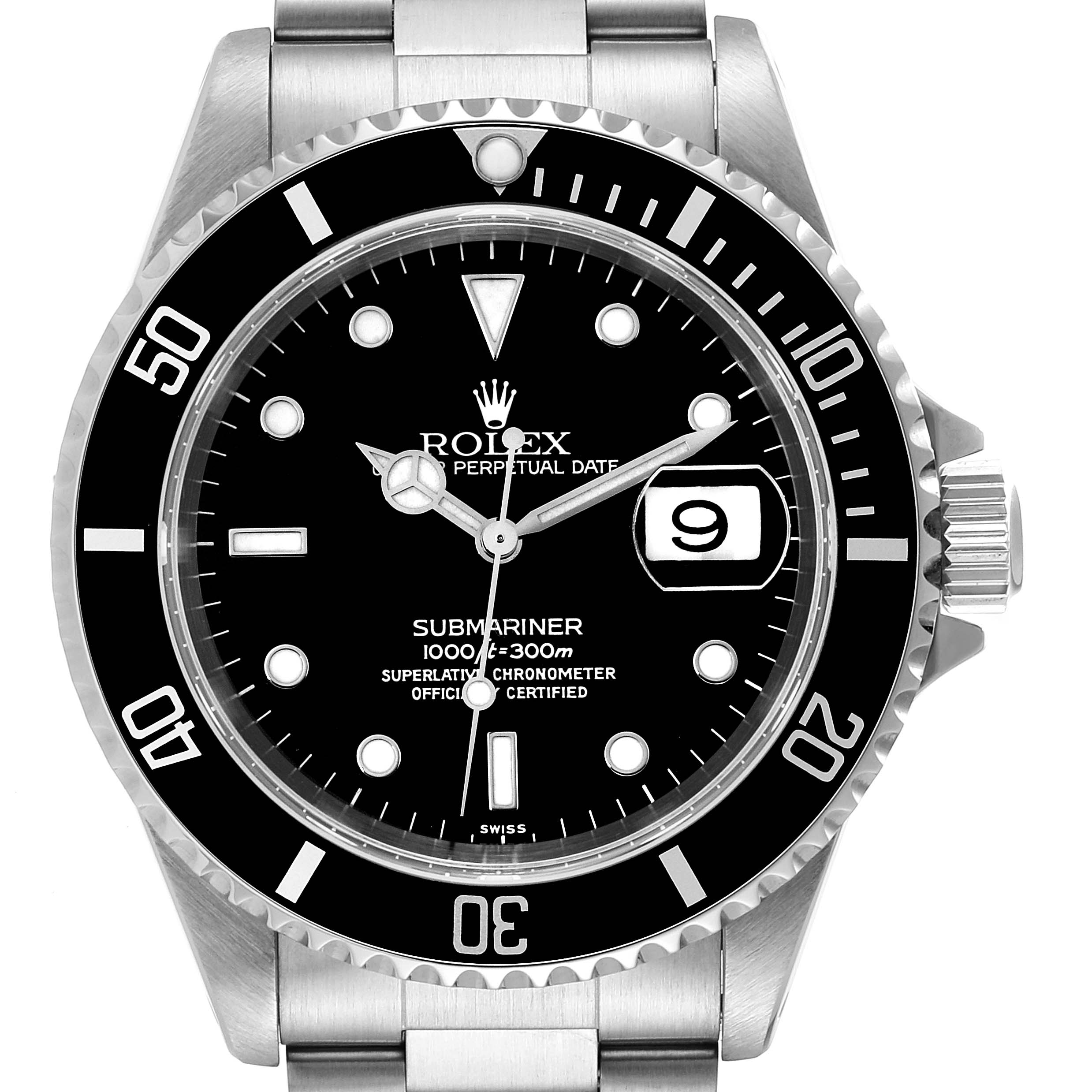 The image shows a front view of a Rolex Submariner 16610 Men
s Stainless Steel Black Dial 16610 Men
s Stainless Steel Black Dial watch, highlighting the dial, bezel, and part of the bracelet.