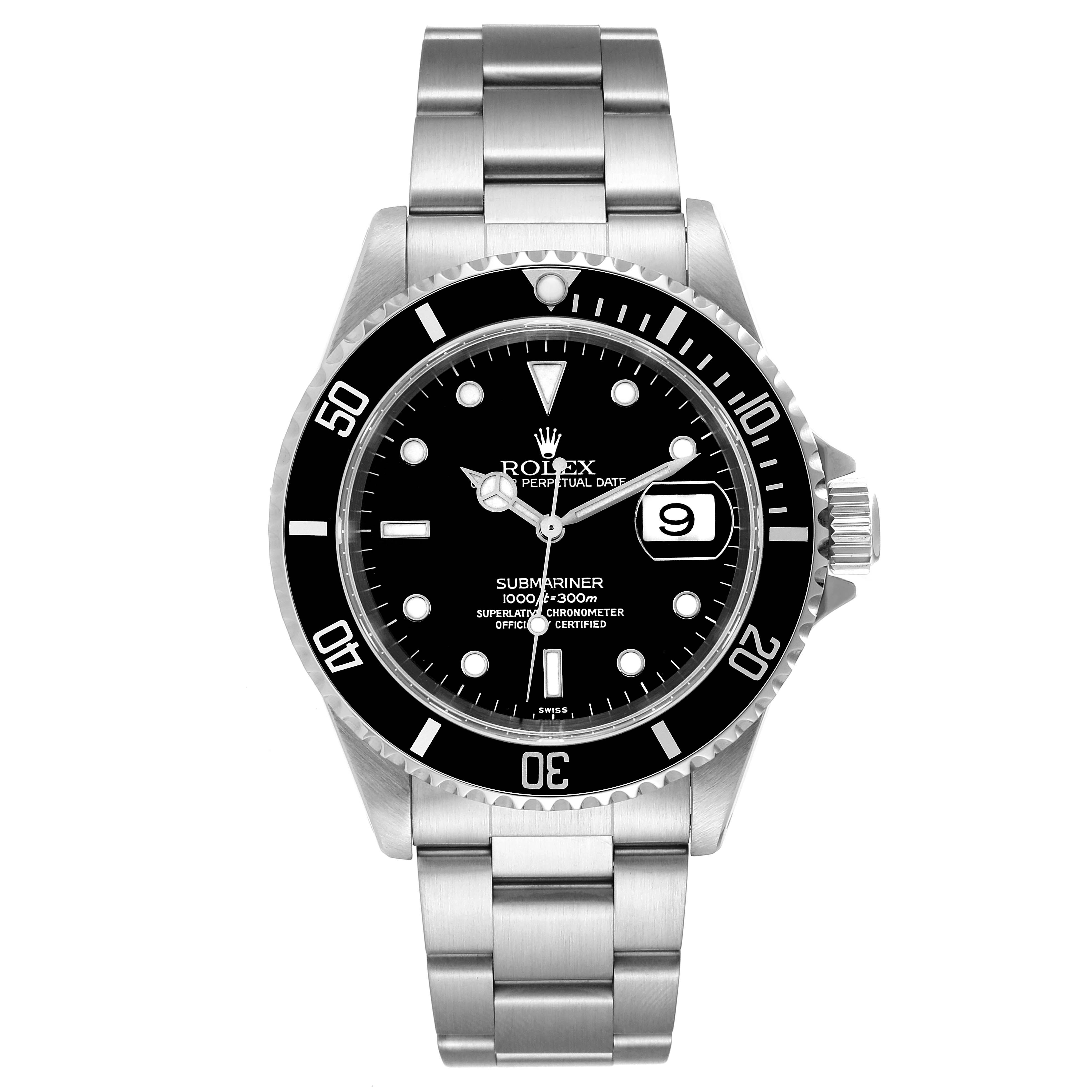 The image shows a front view of the Rolex Submariner 16610 Men
s Stainless Steel Black Dial 16610 Men
s Stainless Steel Black Dial watch, highlighting its dial, bezel, bracelet, and date window.
