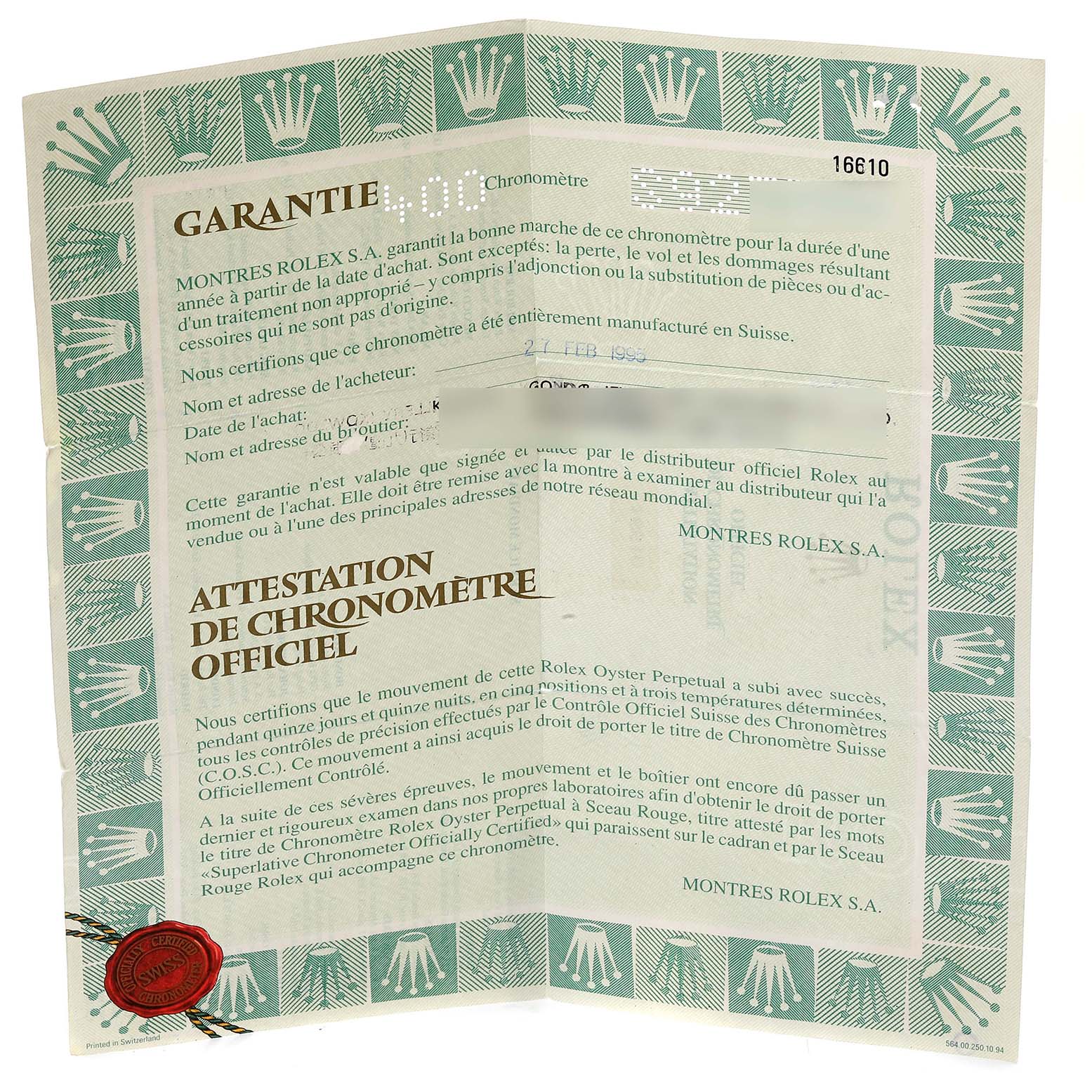 This image shows the warranty and official chronometer certification documents for the Rolex Submariner 16610 Men's Stainless Steel Black Dial 16610 Men's Stainless Steel Black Dial model.