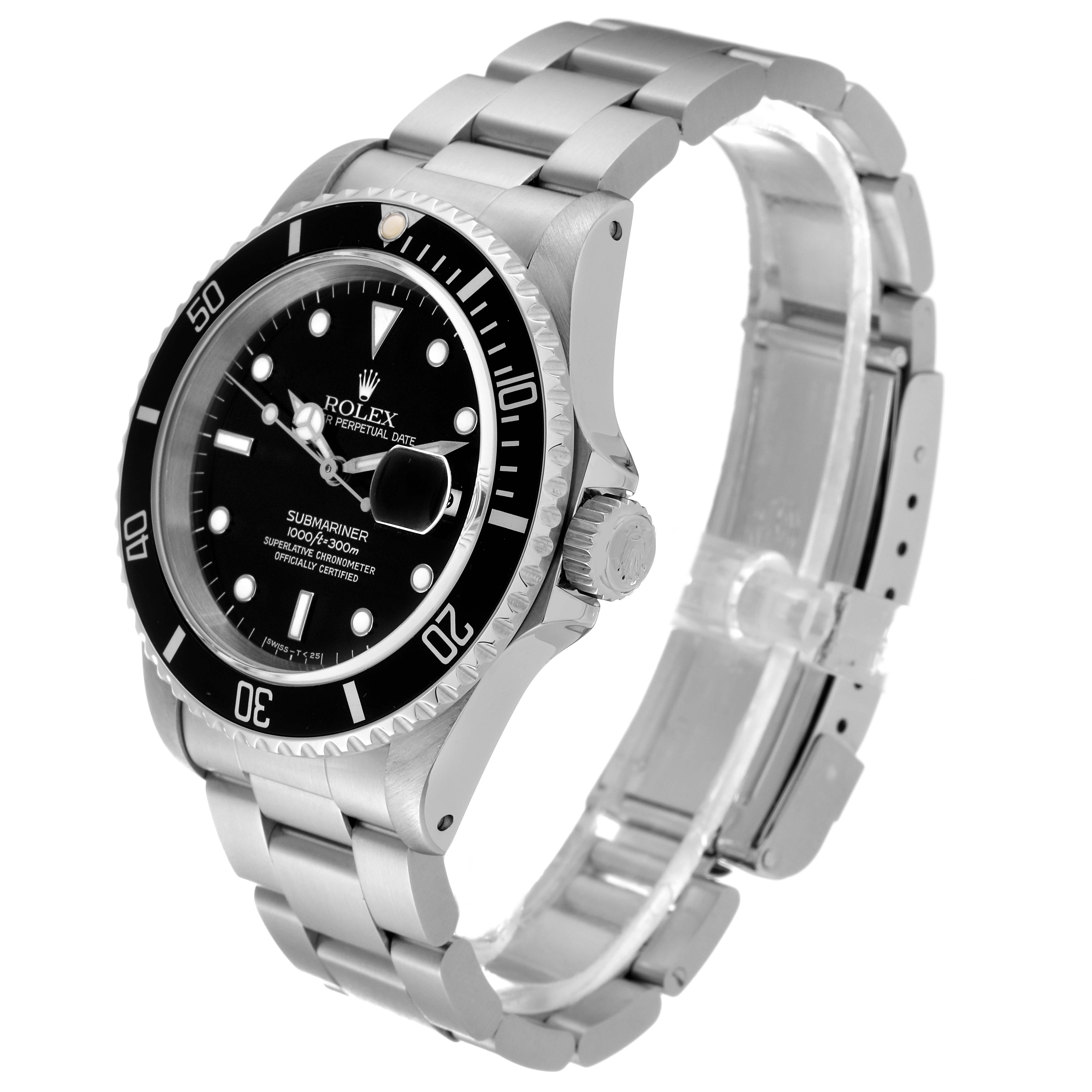 The Rolex Submariner 16610 Men's Stainless Steel Black Dial 16610 Men's Stainless Steel Black Dial watch is shown at a side angle, displaying the face, bezel, crown, and part of the band.