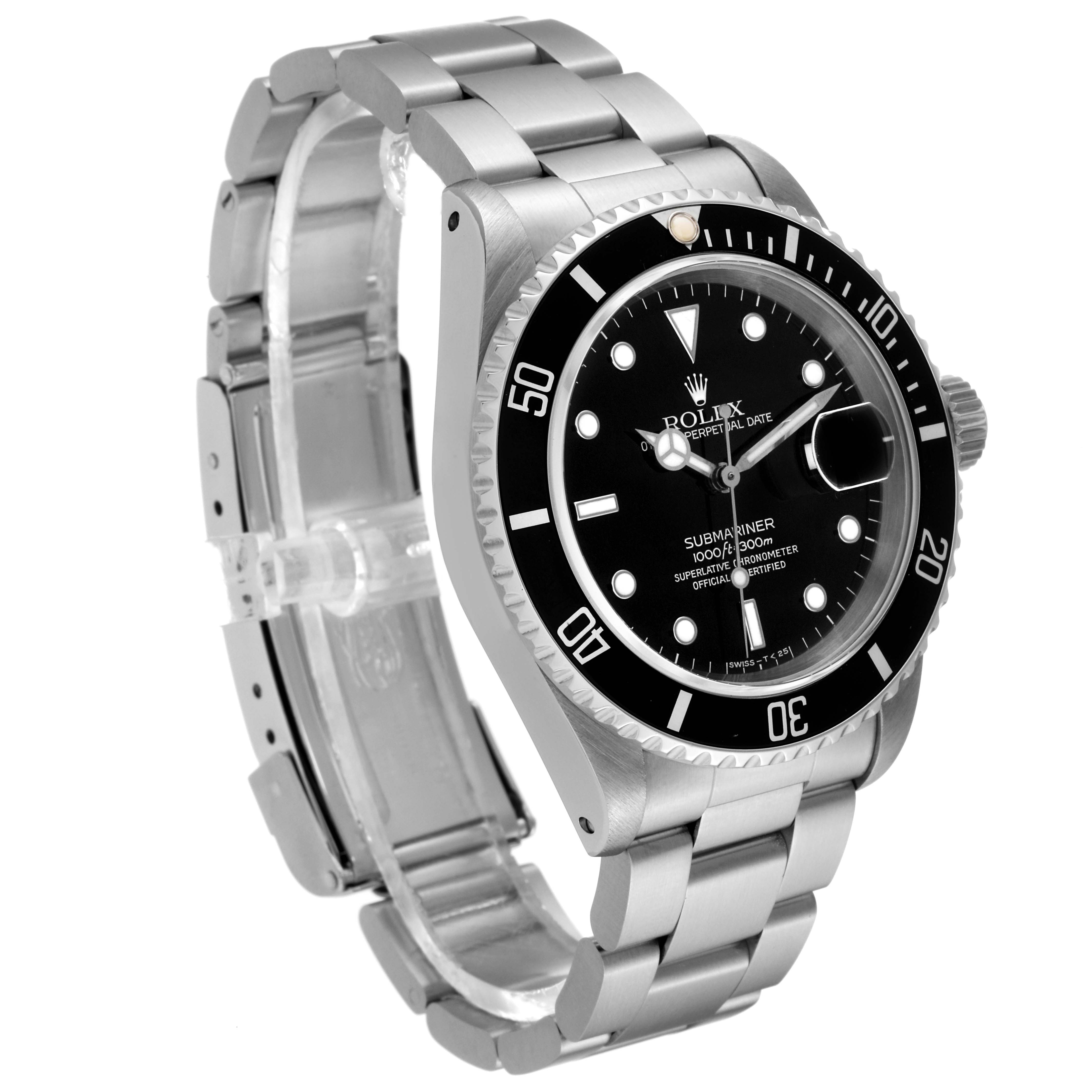 The image shows a Rolex Submariner 16610 Men's Stainless Steel Black Dial 16610 Men's Stainless Steel Black Dial watch at a three-quarter angle, highlighting the bezel, dial, and bracelet.