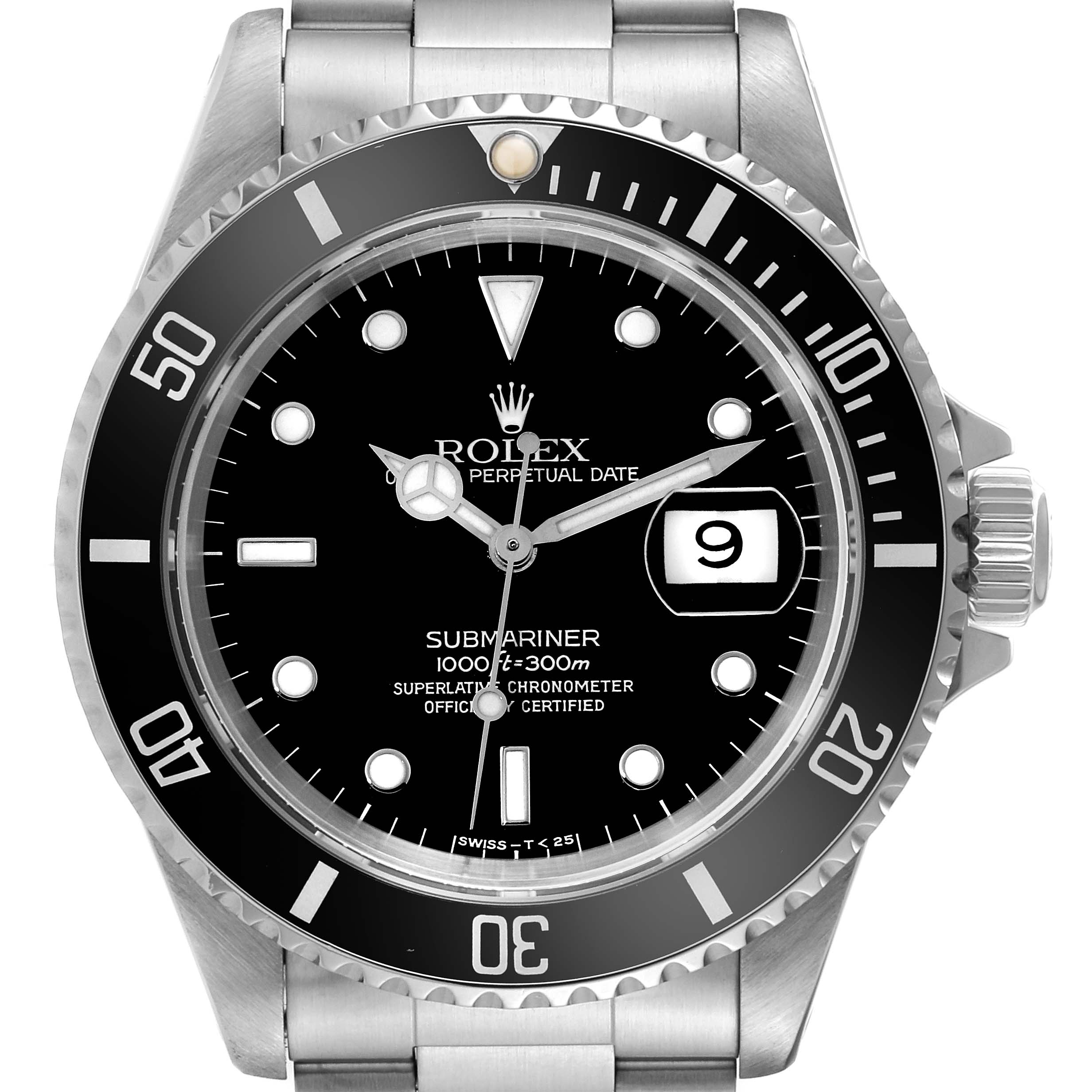 This Rolex Submariner 16610 Men's Stainless Steel Black Dial 16610 Men's Stainless Steel Black Dial watch is shown from a front angle, displaying the dial, bezel, bracelet, and crown.