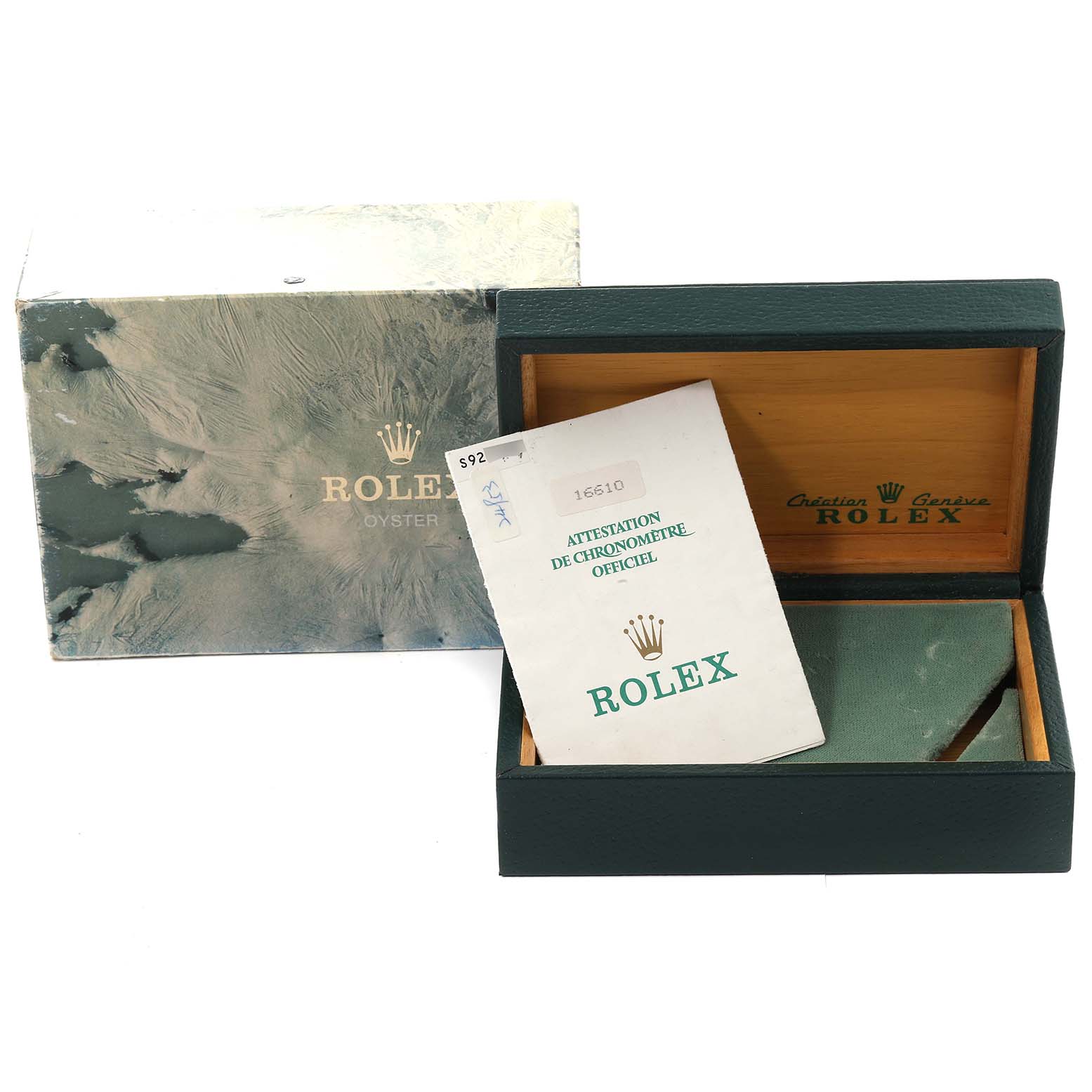 This image shows the packaging and documentation for a Rolex Submariner 16610 Men's Stainless Steel Black Dial 16610 Men's Stainless Steel Black Dial watch, including its box and chronometer certification.