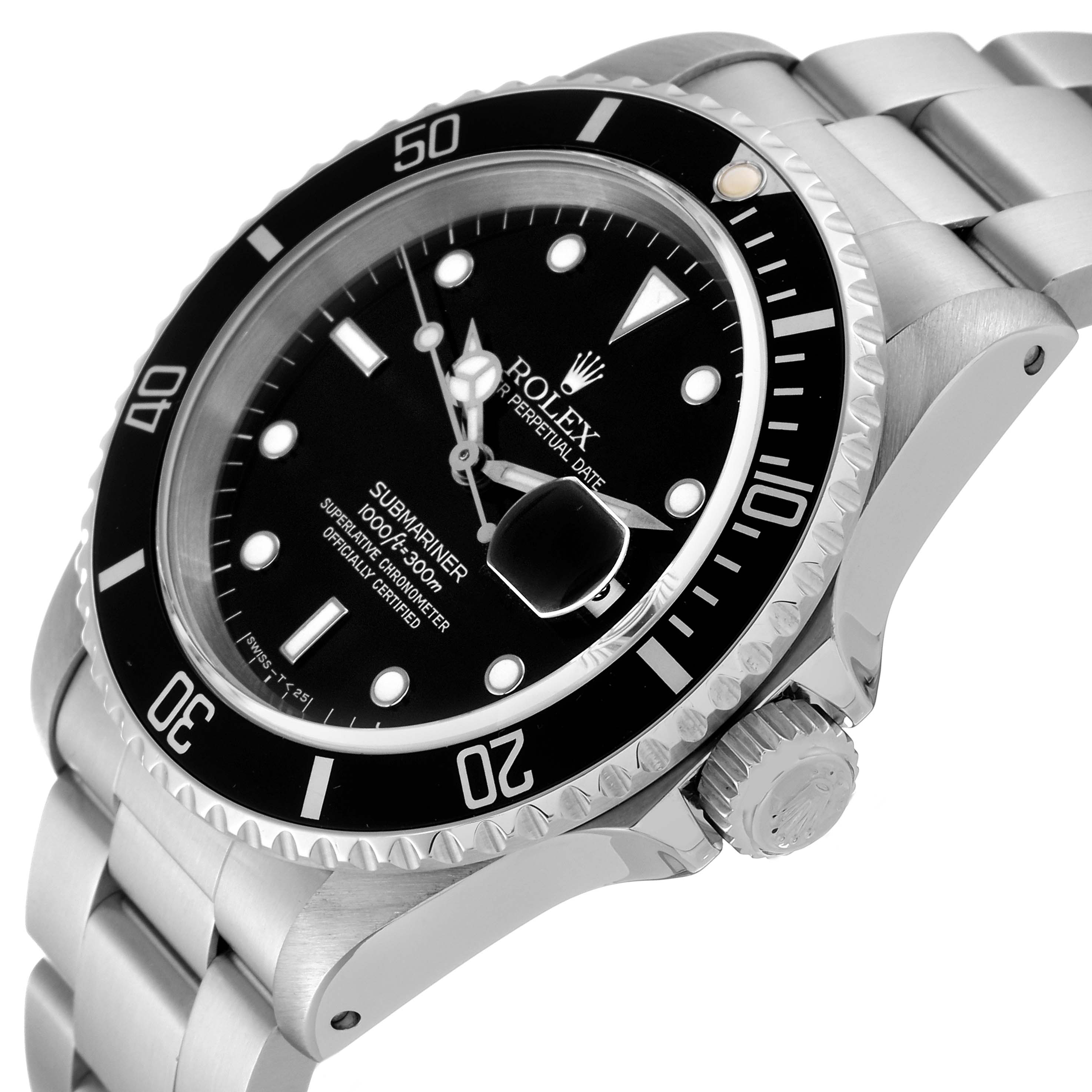 The image shows a side-angle view of the Rolex Submariner 16610 Men's Stainless Steel Black Dial 16610 Men's Stainless Steel Black Dial, highlighting the bezel, dial, bracelet, and crown.