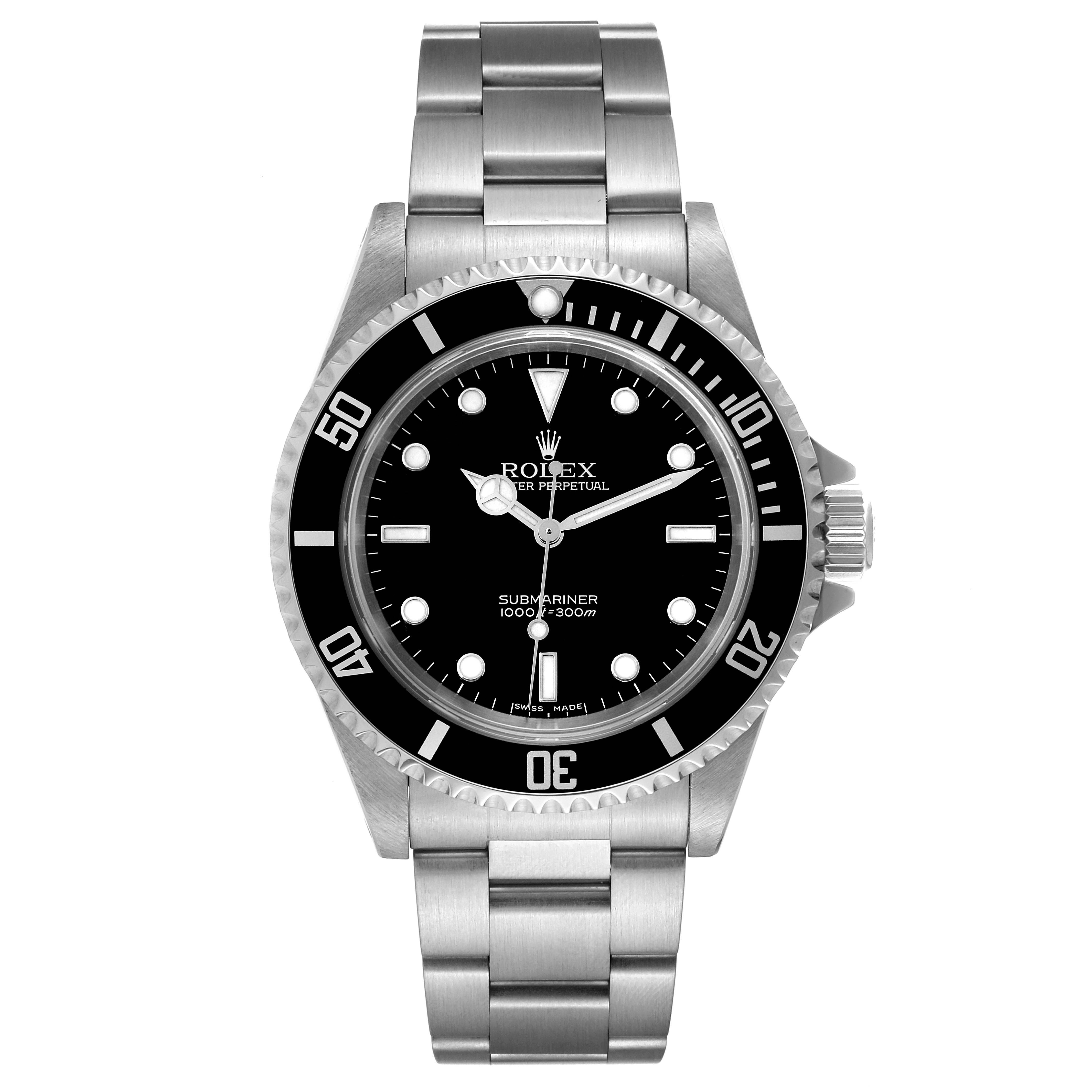 The image shows a front view of a Rolex Submariner 14060M Men's Stainless Steel Black Dial 14060M Men's Stainless Steel Black Dial watch, featuring its dial, bezel, and bracelet.