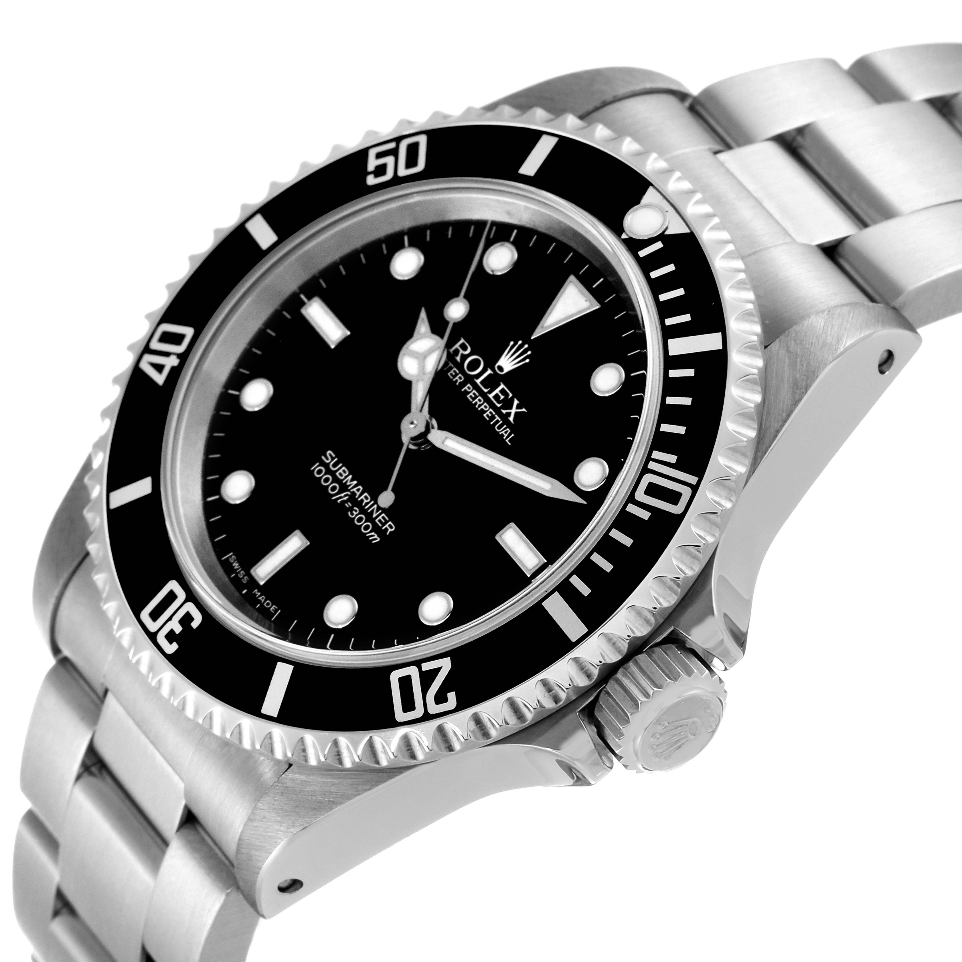 This image shows the Rolex Submariner 14060M Men's Stainless Steel Black Dial 14060M Men's Stainless Steel Black Dial watch from an angled side view, highlighting the bezel, dial, crown, and part of the bracelet.
