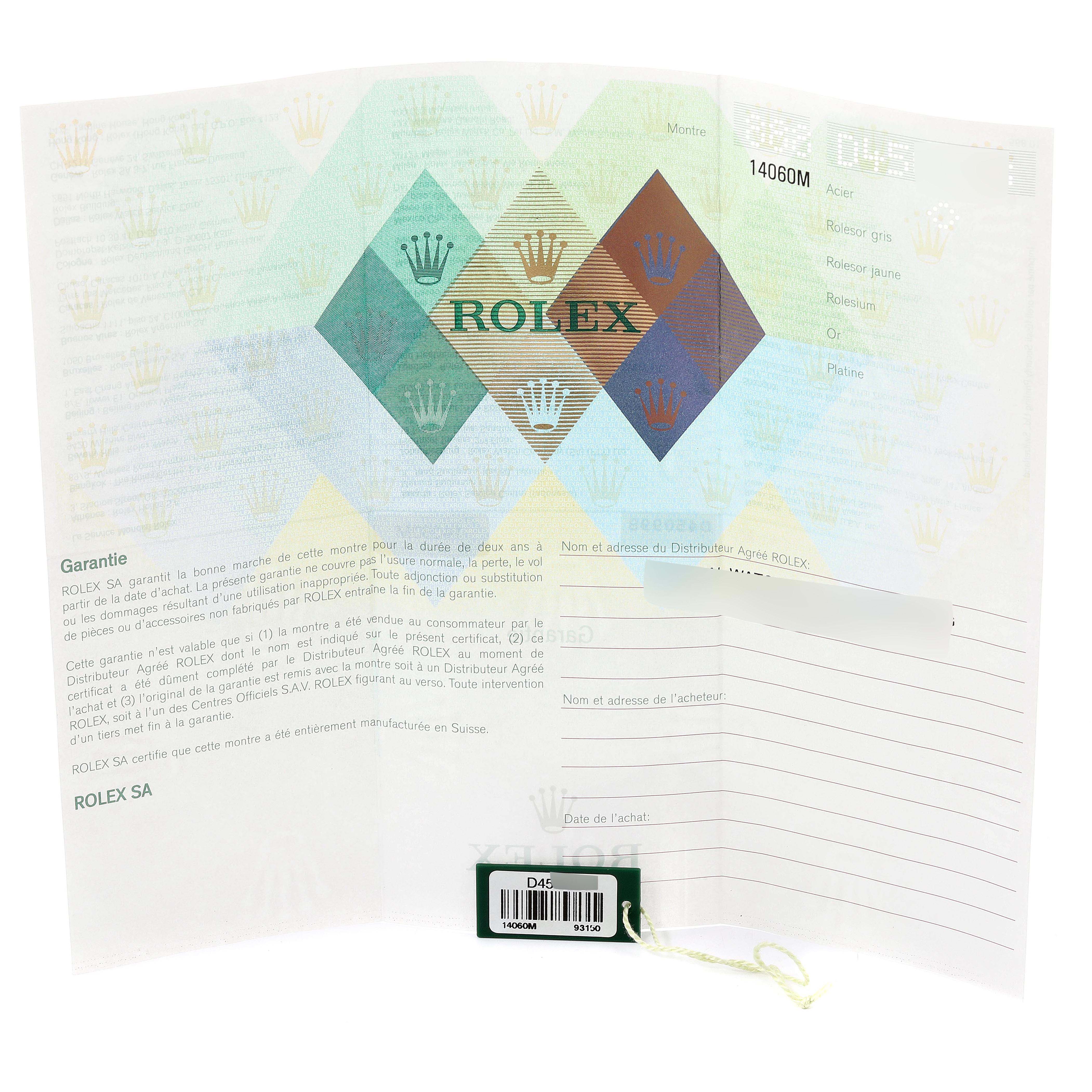 The image shows a warranty card and tag for a Rolex Submariner 14060M Men's Stainless Steel Black Dial 14060M Men's Stainless Steel Black Dial model watch.