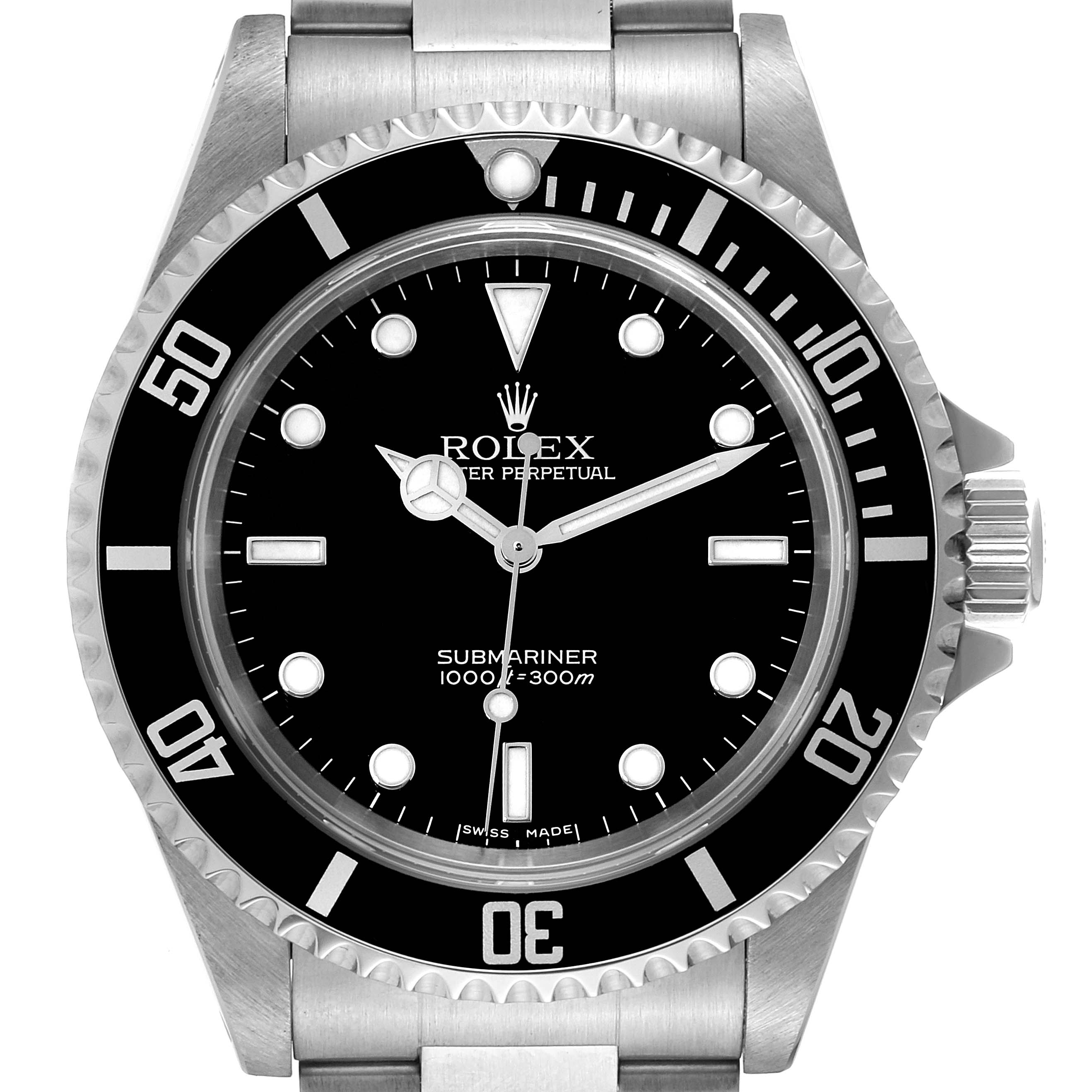 This is a front view of the Rolex Submariner 14060M Men's Stainless Steel Black Dial 14060M Men's Stainless Steel Black Dial watch, showcasing its face, bezel, crown, and bracelet.