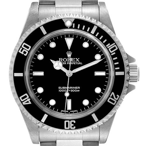 This image shows a front view of the Rolex Submariner, highlighting the black dial, bezel, and stainless steel bracelet.