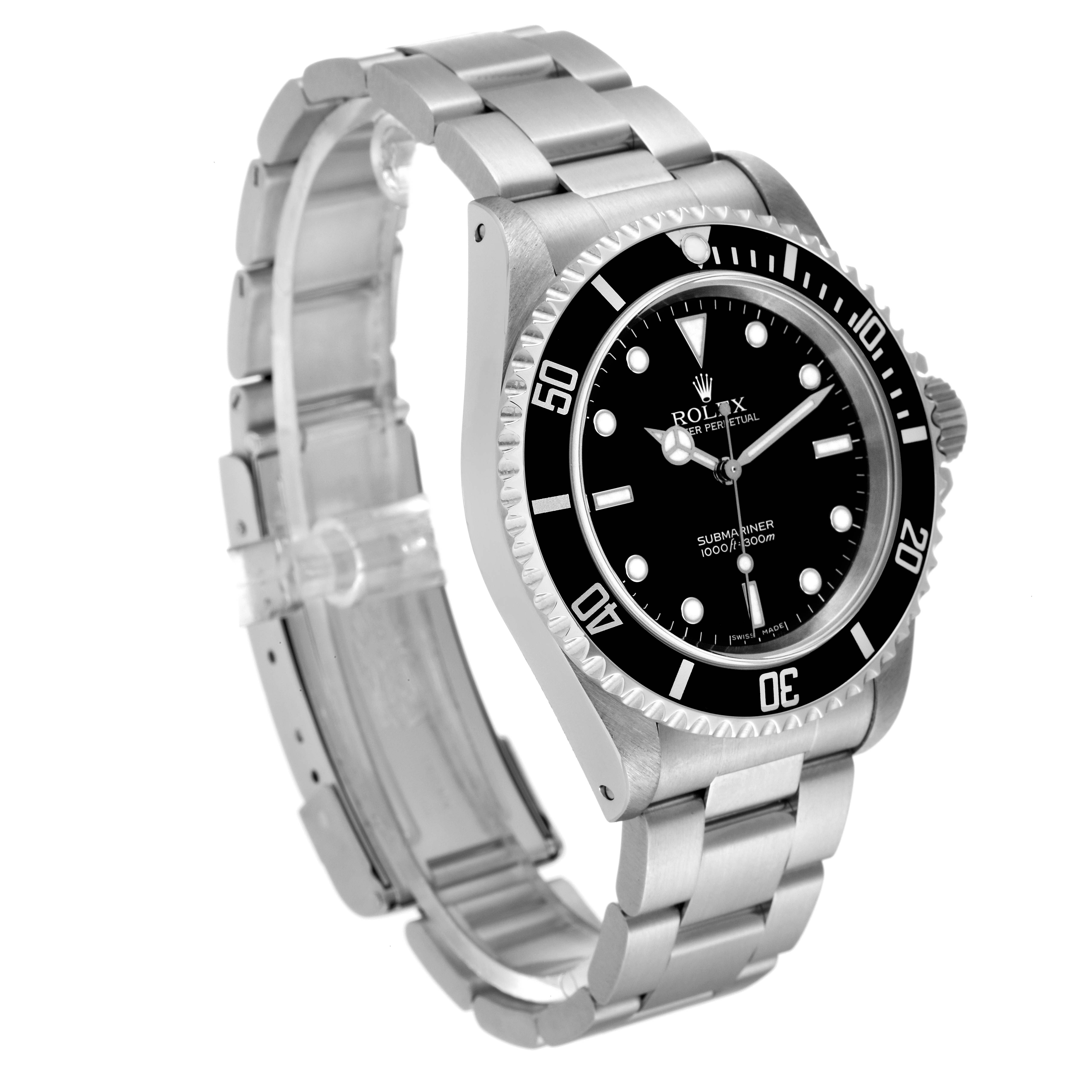 This image shows a side-angle view of a Rolex Submariner 14060M Men's Stainless Steel Black Dial 14060M Men's Stainless Steel Black Dial, displaying its bracelet, bezel, and face.