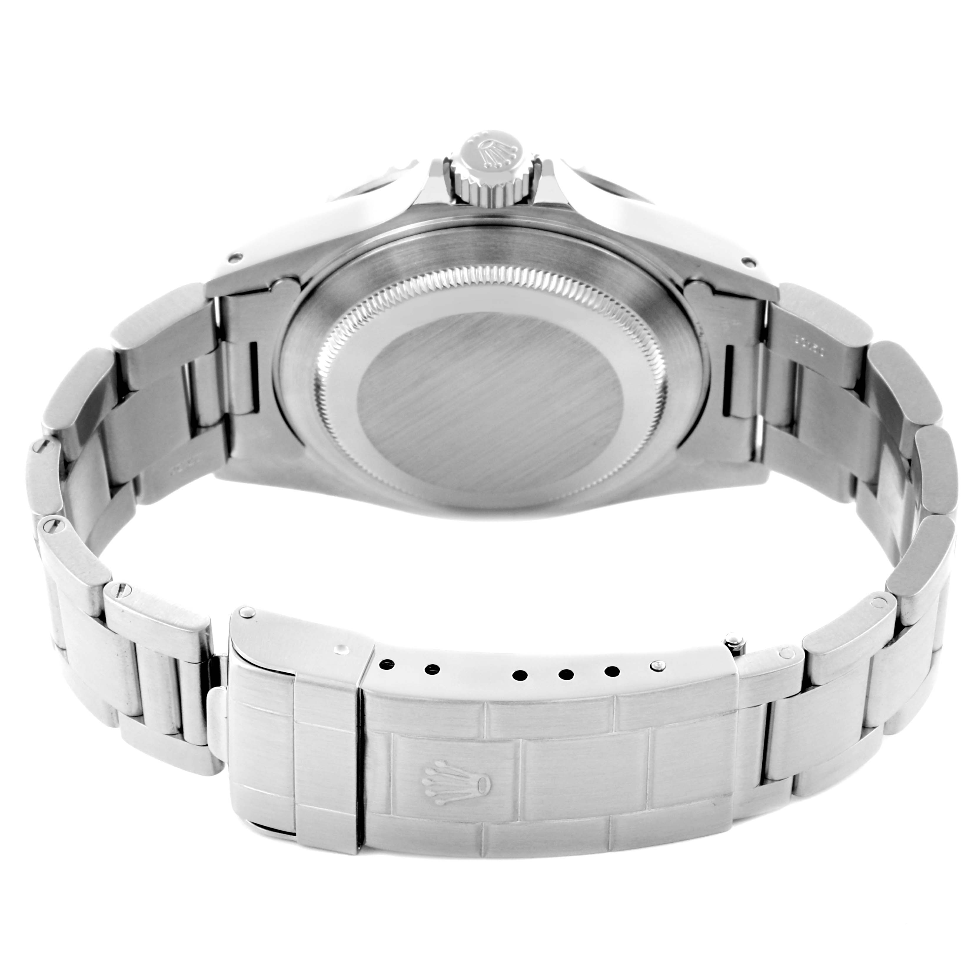 The image shows the back view of a Rolex Submariner 14060M Men's Stainless Steel Black Dial, highlighting the bracelet, clasp, and case back.