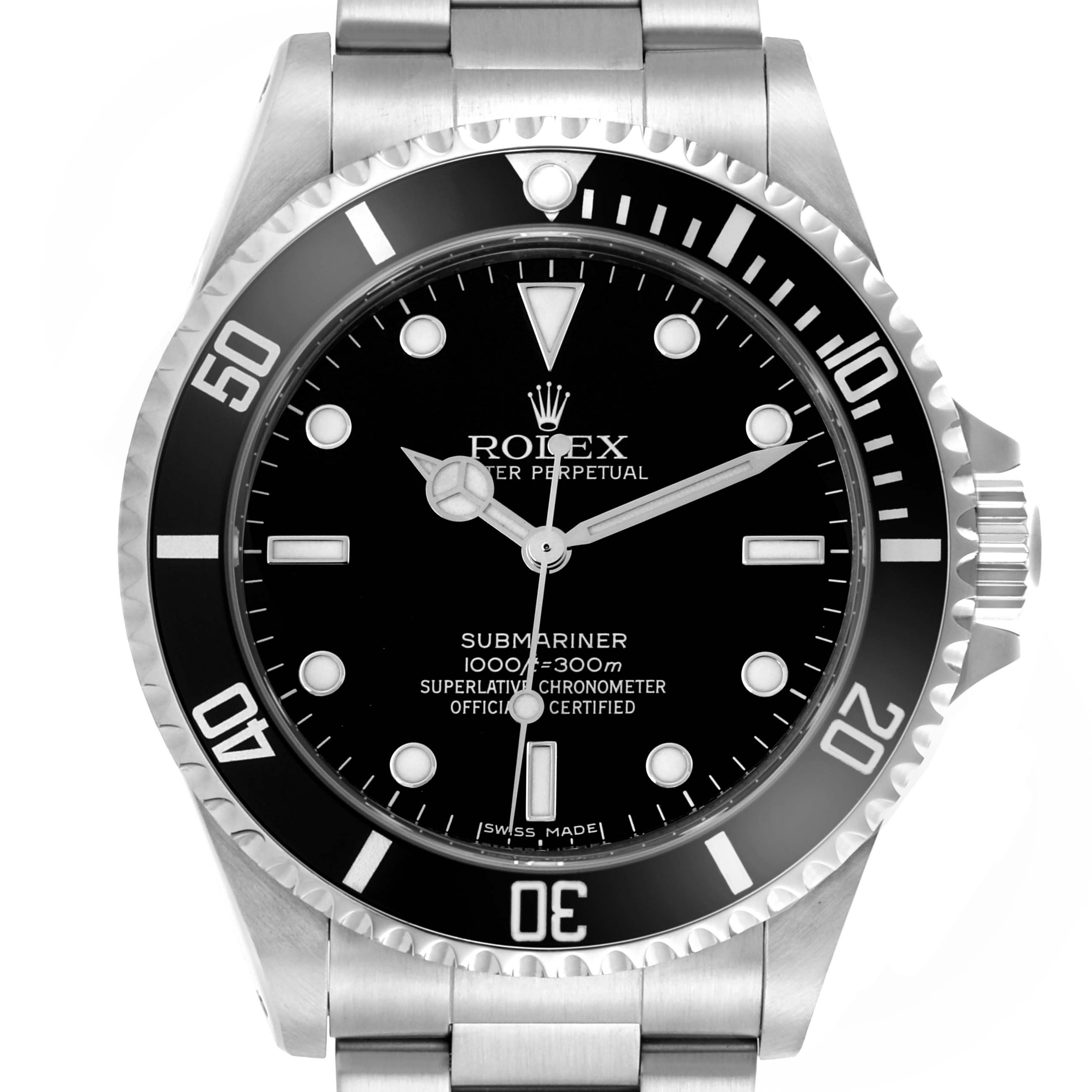 The Rolex Submariner 14060M Men's Stainless Steel Black Dial watch is shown from a top-down angle, displaying the face, bezel, and part of the bracelet.