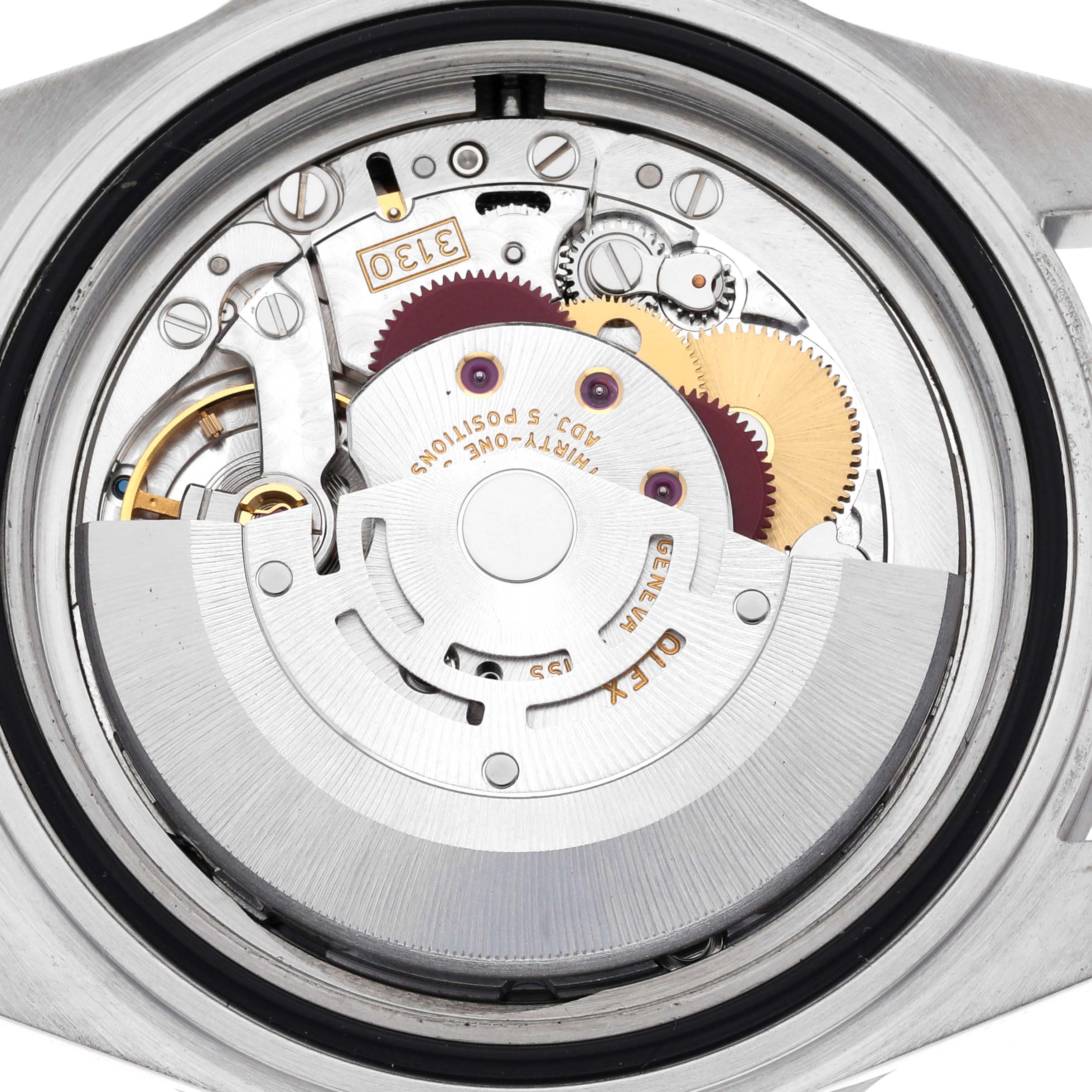 The image shows the movement of a Rolex Submariner 14060M Men's Stainless Steel Black Dial watch, focusing on its intricate internal mechanisms from a rear angle.