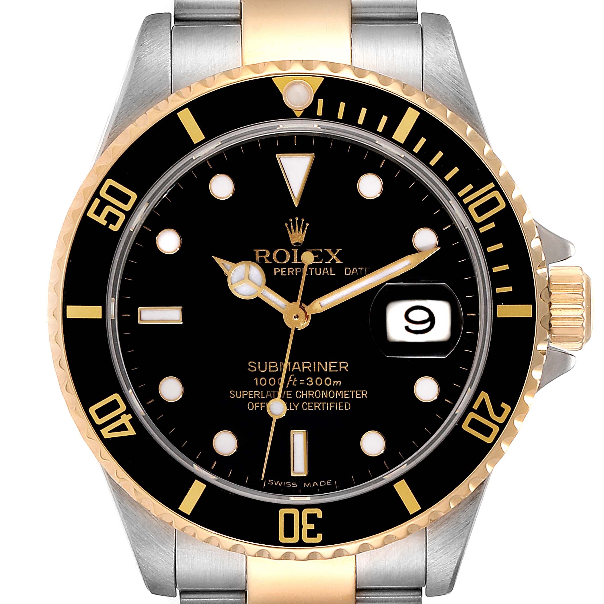 The Rolex Submariner 16613 Men's Steel and Gold (two tone) Black Dial watch is shown from the front, highlighting the black dial, gold bezel, case, and bracelet.