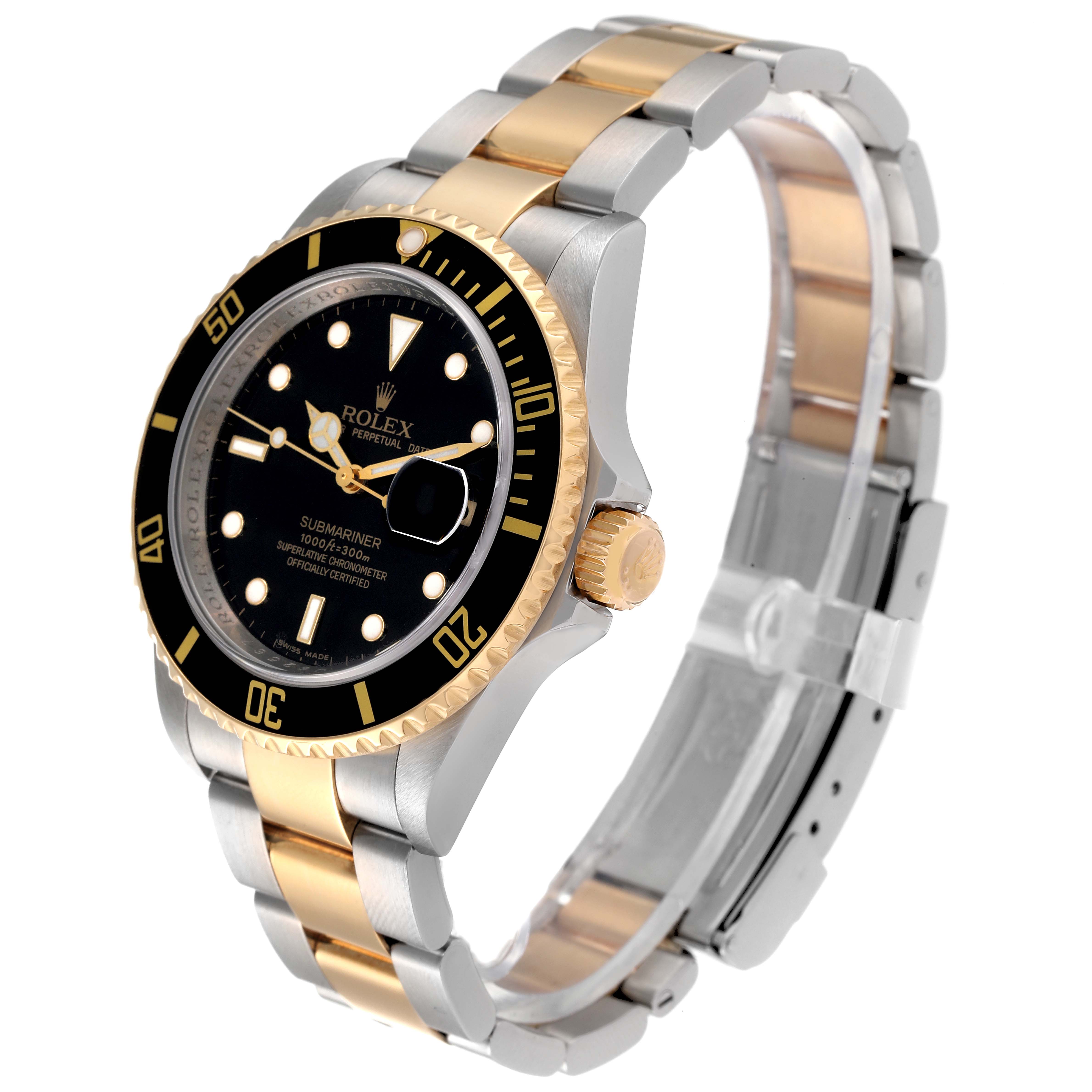 The Rolex Submariner 16613 Men's Steel and Gold (two tone) Black Dial watch is shown at a three-quarter angle, displaying the face, bezel, crown, and bracelet.
