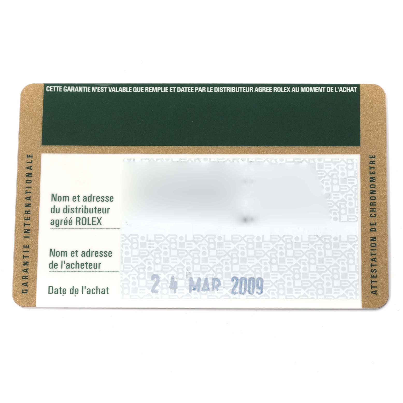 The image shows a warranty card for a Rolex Submariner 16613 Men's Steel and Gold (two tone) Black Dial, including purchase date and authorized dealer details.