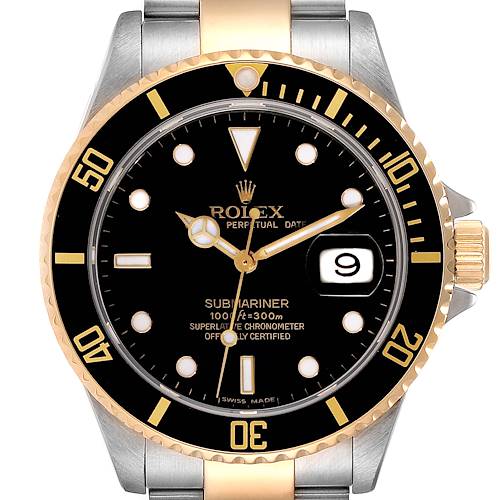 The Rolex Submariner 16613 Men's Steel and Gold (two tone) Black Dial is shown from the front, highlighting the bezel, dial, hands, date window, and part of the bracelet.