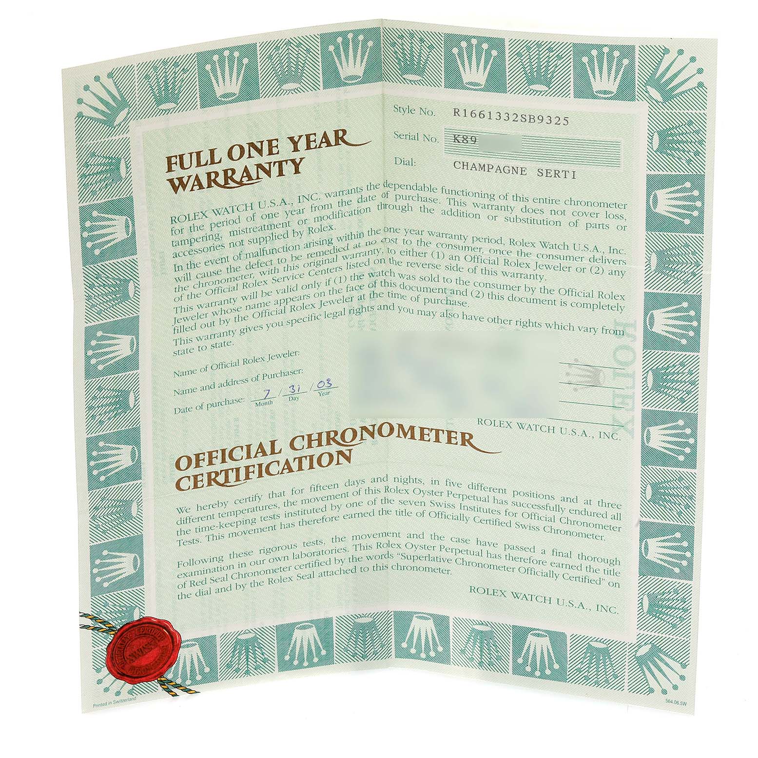 The image shows the official warranty and chronometer certification for a Rolex Submariner 16613LB Men's Steel and Gold (two tone) Champagne Dial 16613LB Men's Steel and Gold (two tone) Champagne Dial watch.