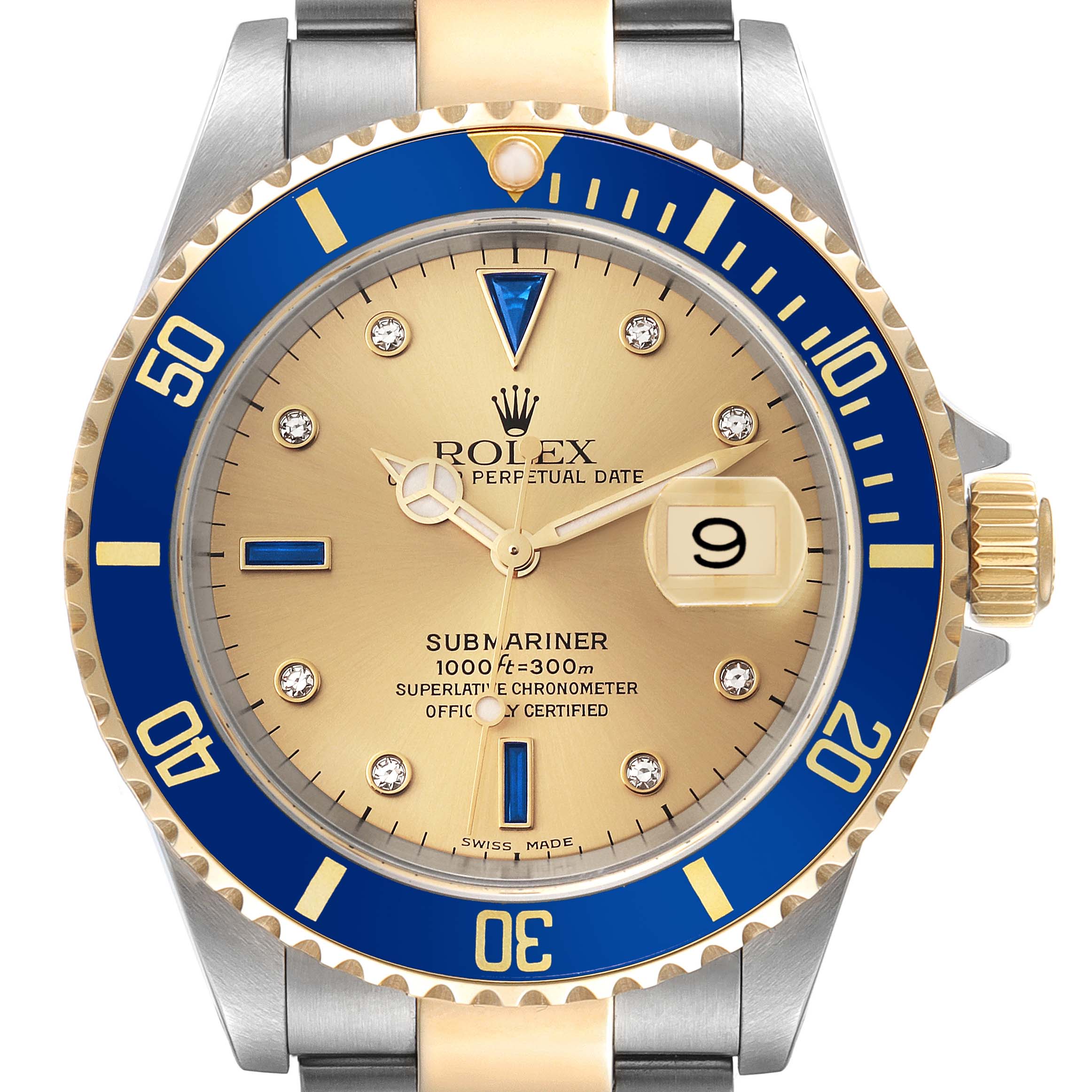 The image shows a frontal view of a Rolex Submariner 16613LB Men's Steel and Gold (two tone) Champagne Dial 16613LB Men's Steel and Gold (two tone) Champagne Dial watch, highlighting the dial, bezel, crown, and part of the bracelet.