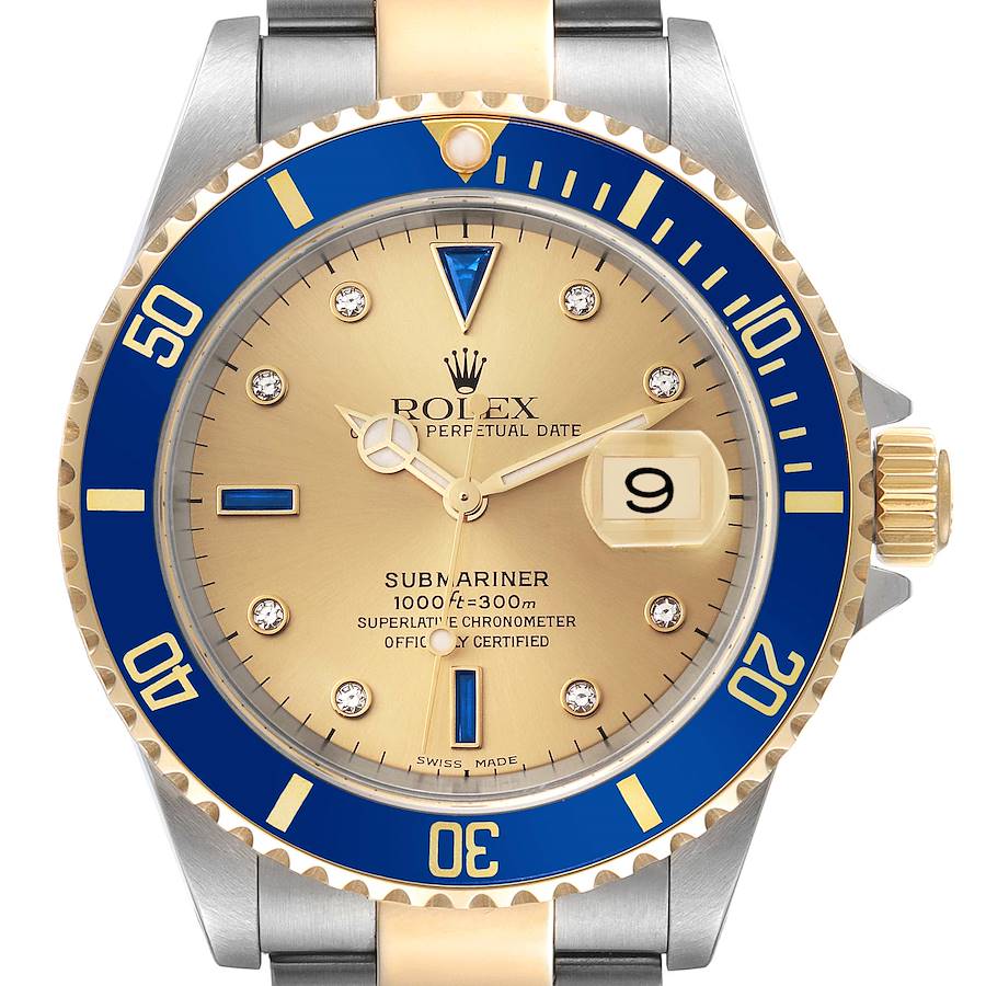 Rolex Submariner Steel Yellow Gold Diamond Sapphire Serti Dial Mens Watch 16613 Box Papers SwissWatchExpo