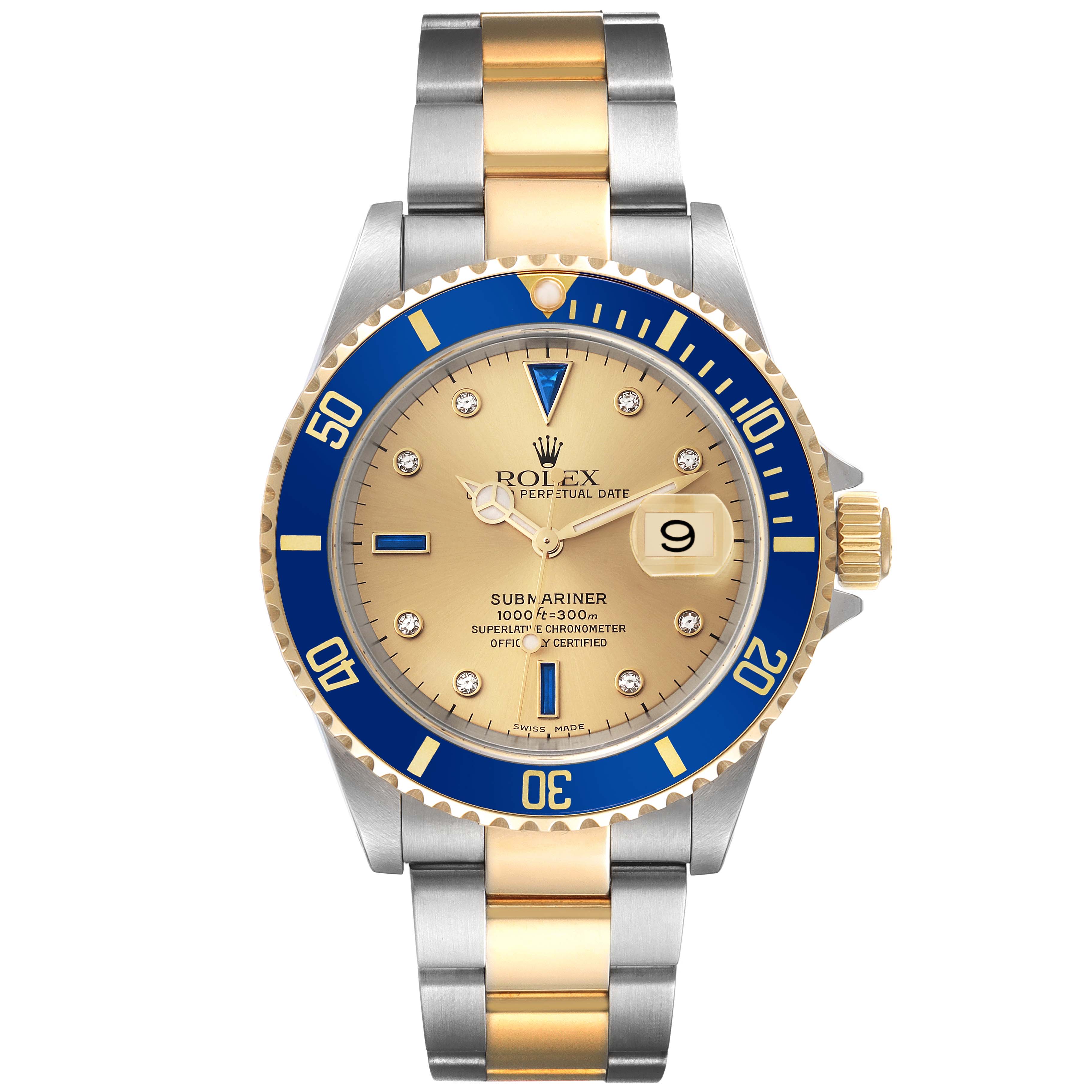 The image shows a front view of the Rolex Submariner 16613LB Men's Steel and Gold (two tone) Champagne Dial 16613LB Men's Steel and Gold (two tone) Champagne Dial watch, highlighting its two-tone bracelet, gold dial, and blue bezel.