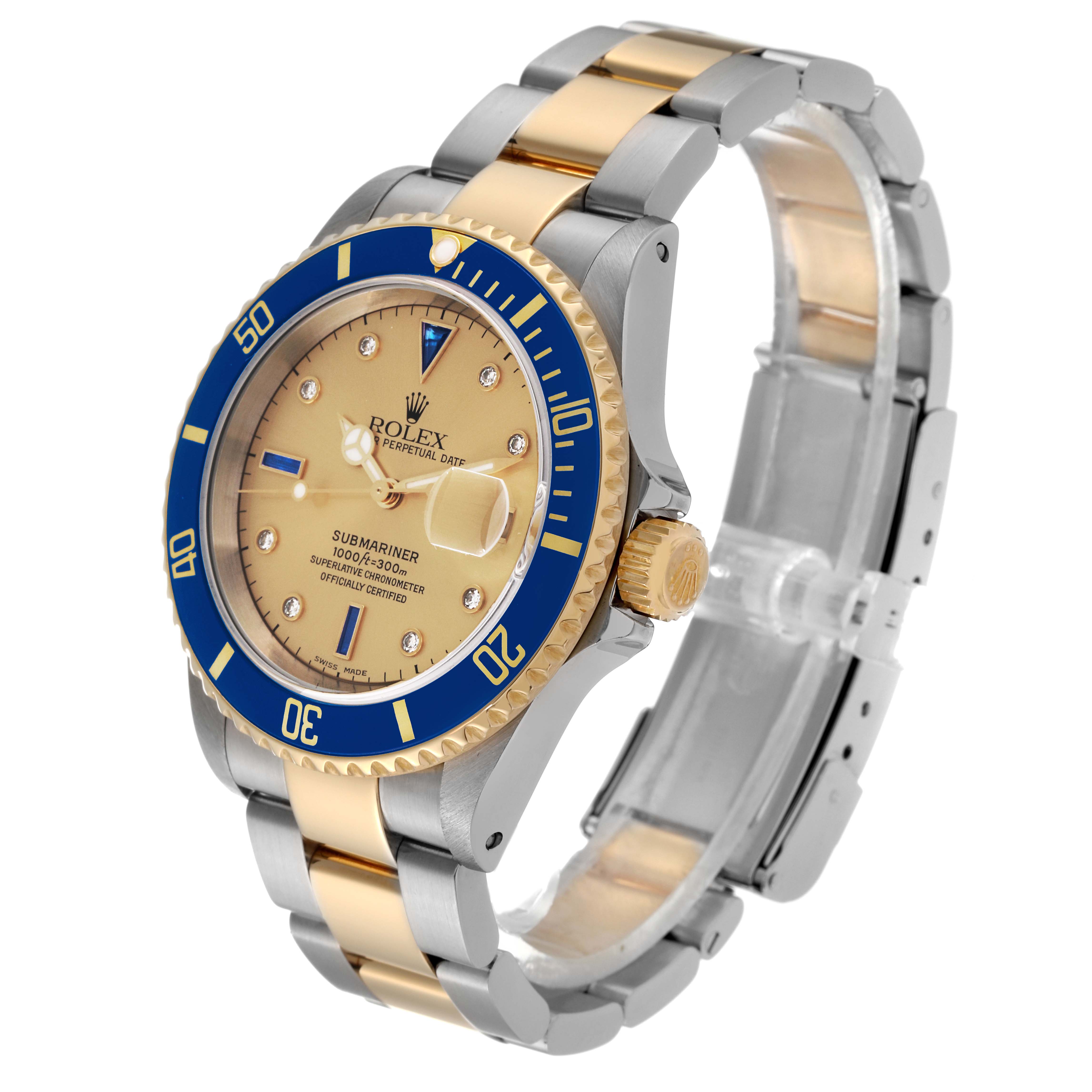 This image shows a Rolex Submariner 16613LB Men's Steel and Gold (two tone) Champagne Dial 16613LB Men's Steel and Gold (two tone) Champagne Dial watch at a three-quarter angle, highlighting the blue and gold bezel, dial, and two-tone bracelet.