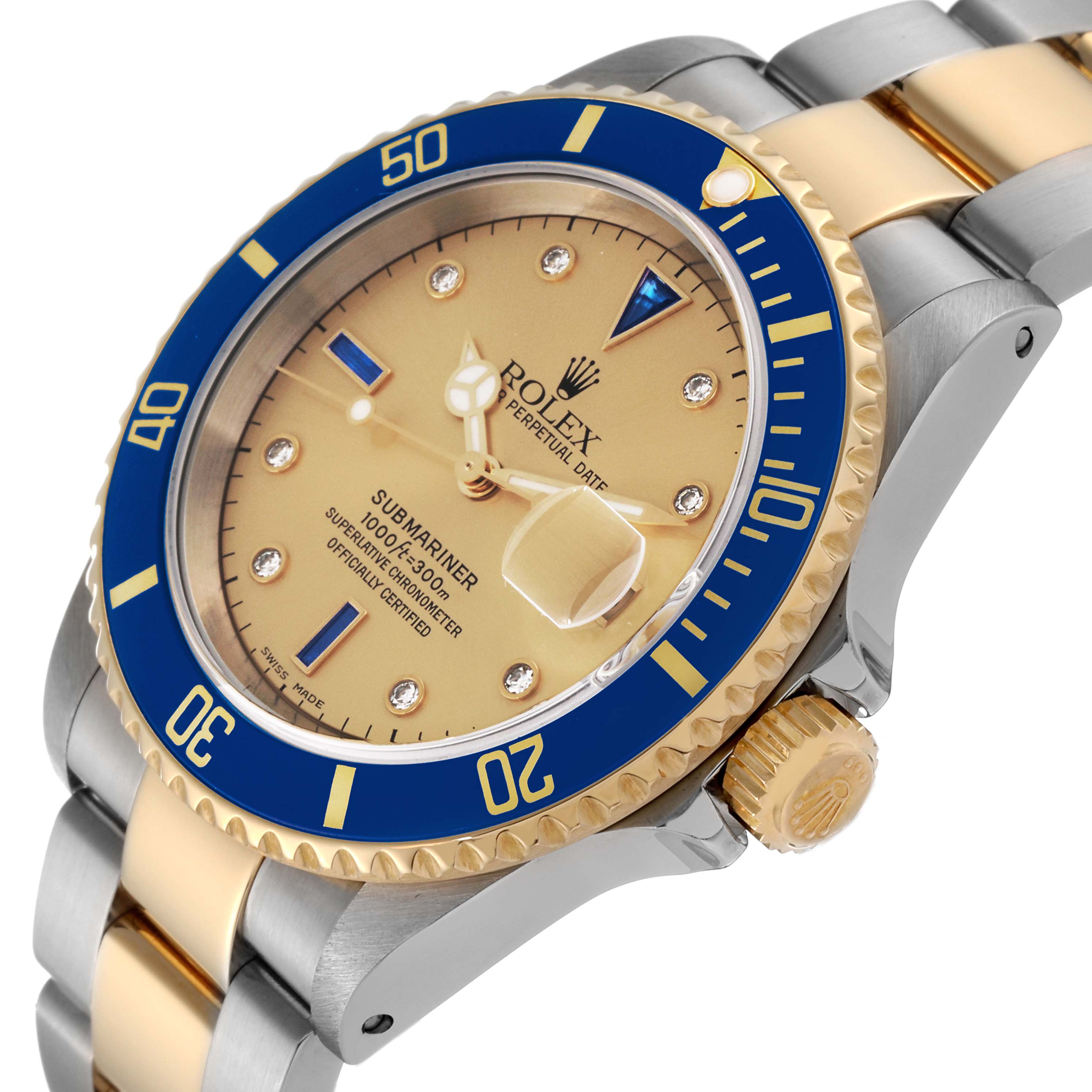 This image shows a close-up of the Rolex Submariner 16613LB Men's Steel and Gold (two tone) Champagne Dial 16613LB Men's Steel and Gold (two tone) Champagne Dial watch, focusing on the face, bezel, and part of the bracelet at an angled view.