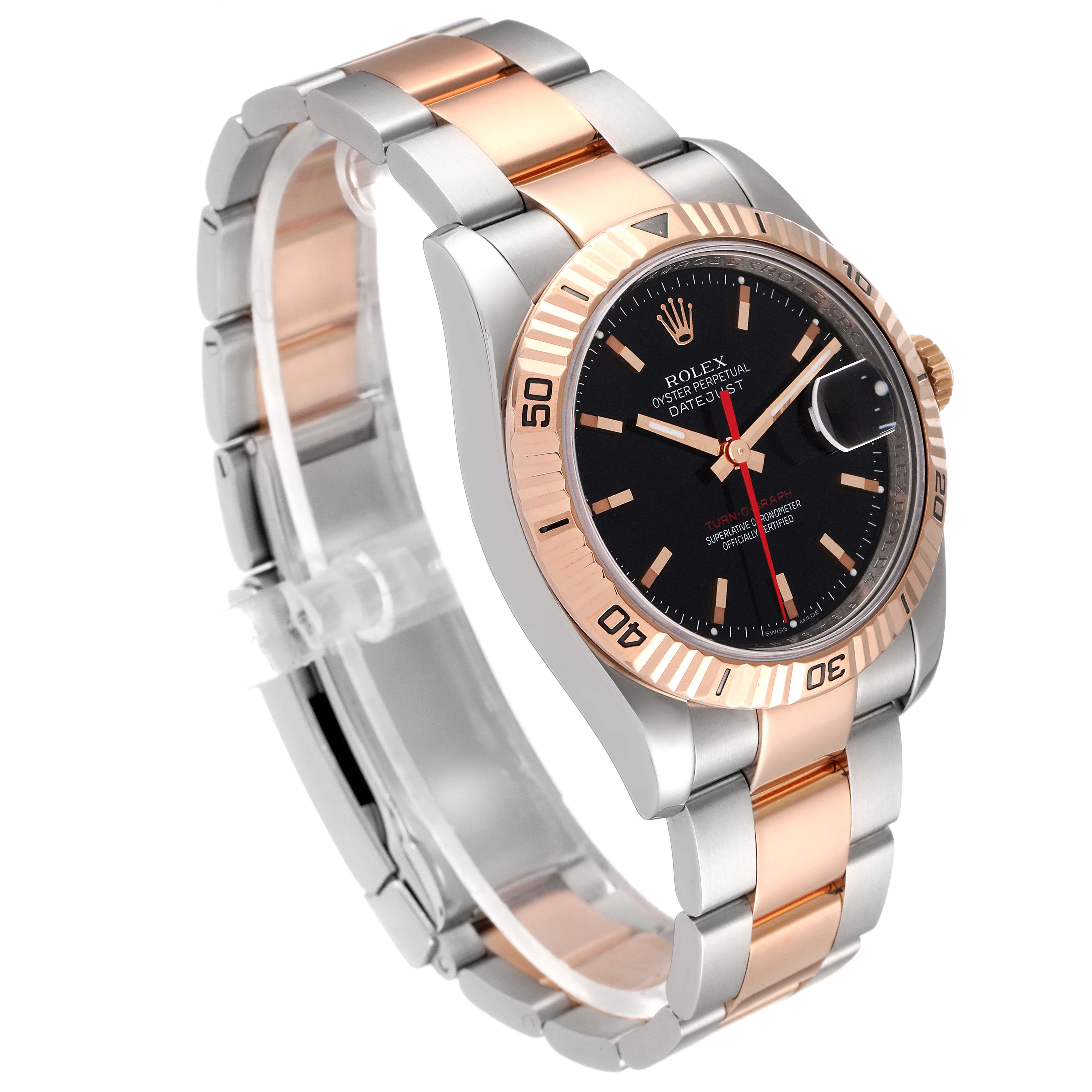 The image shows a Rolex Turn-o-Graph 116261 Men
s Steel and Gold (two tone) Black Dial 116261 Men
s Steel and Gold (two tone) Black Dial watch at a 3/4 angle, highlighting the bezel, dial, and two-tone bracelet.