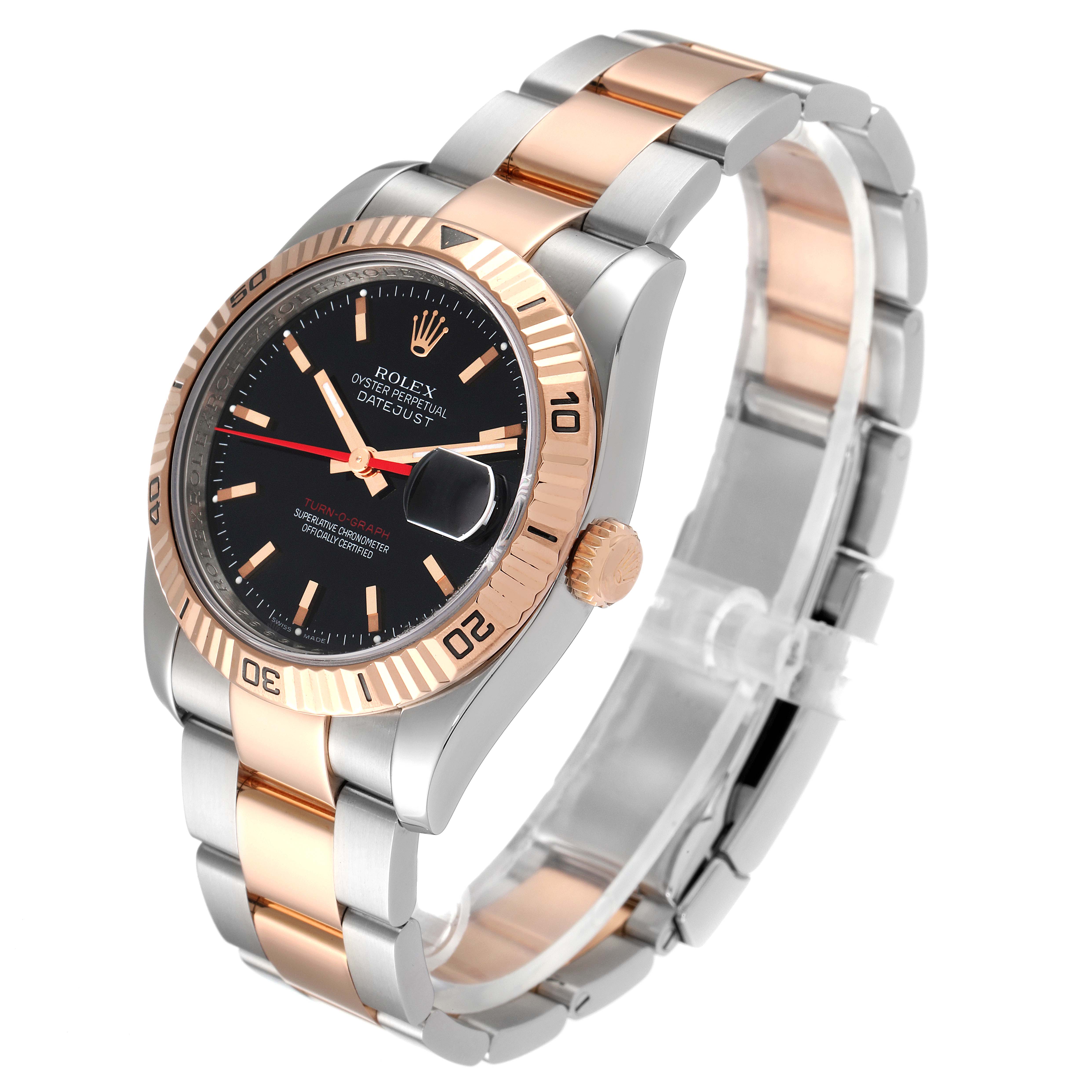 The Rolex Turn-o-Graph 116261 Men
s Steel and Gold (two tone) Black Dial 116261 Men
s Steel and Gold (two tone) Black Dial watch is shown at a three-quarter angle, displaying the face, bezel, and bracelet.