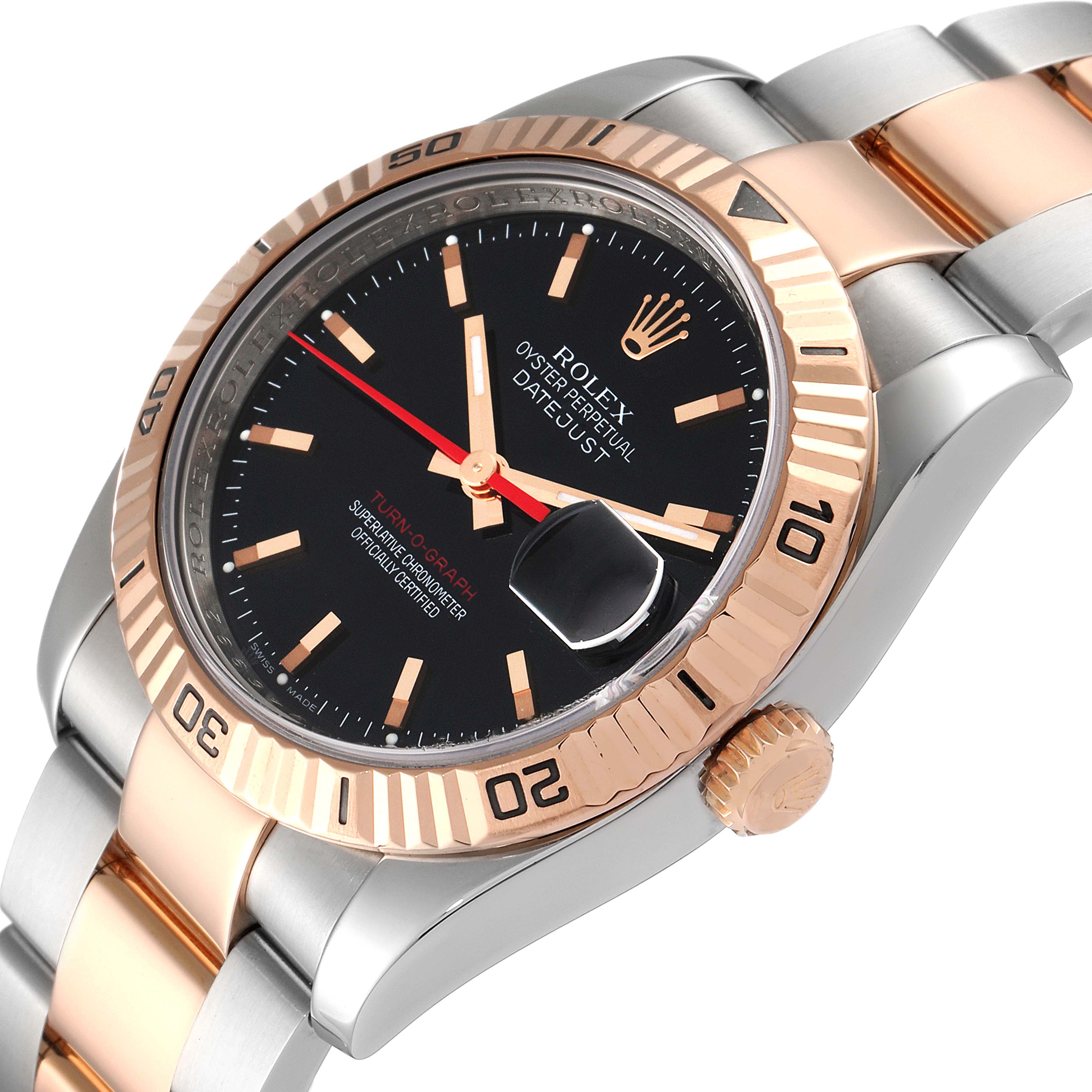 This image shows a close-up of the Rolex Turn-o-Graph 116261 Men
s Steel and Gold (two tone) Black Dial 116261 Men
s Steel and Gold (two tone) Black Dial watch, highlighting the bezel, crown, and part of the bracelet.