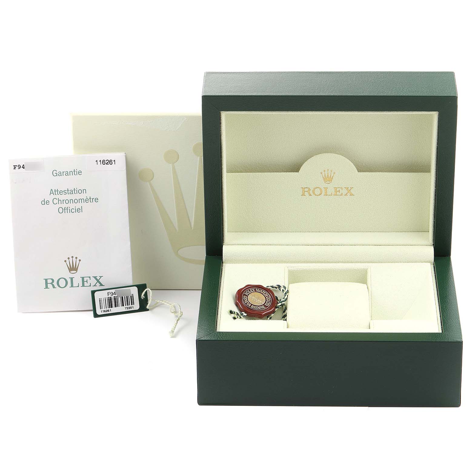 This image shows a Rolex Turn-o-Graph 116261 Men
s Steel and Gold (two tone) Black Dial 116261 Men
s Steel and Gold (two tone) Black Dial watch box, warranty papers, and a tag, with the watch itself not visible.