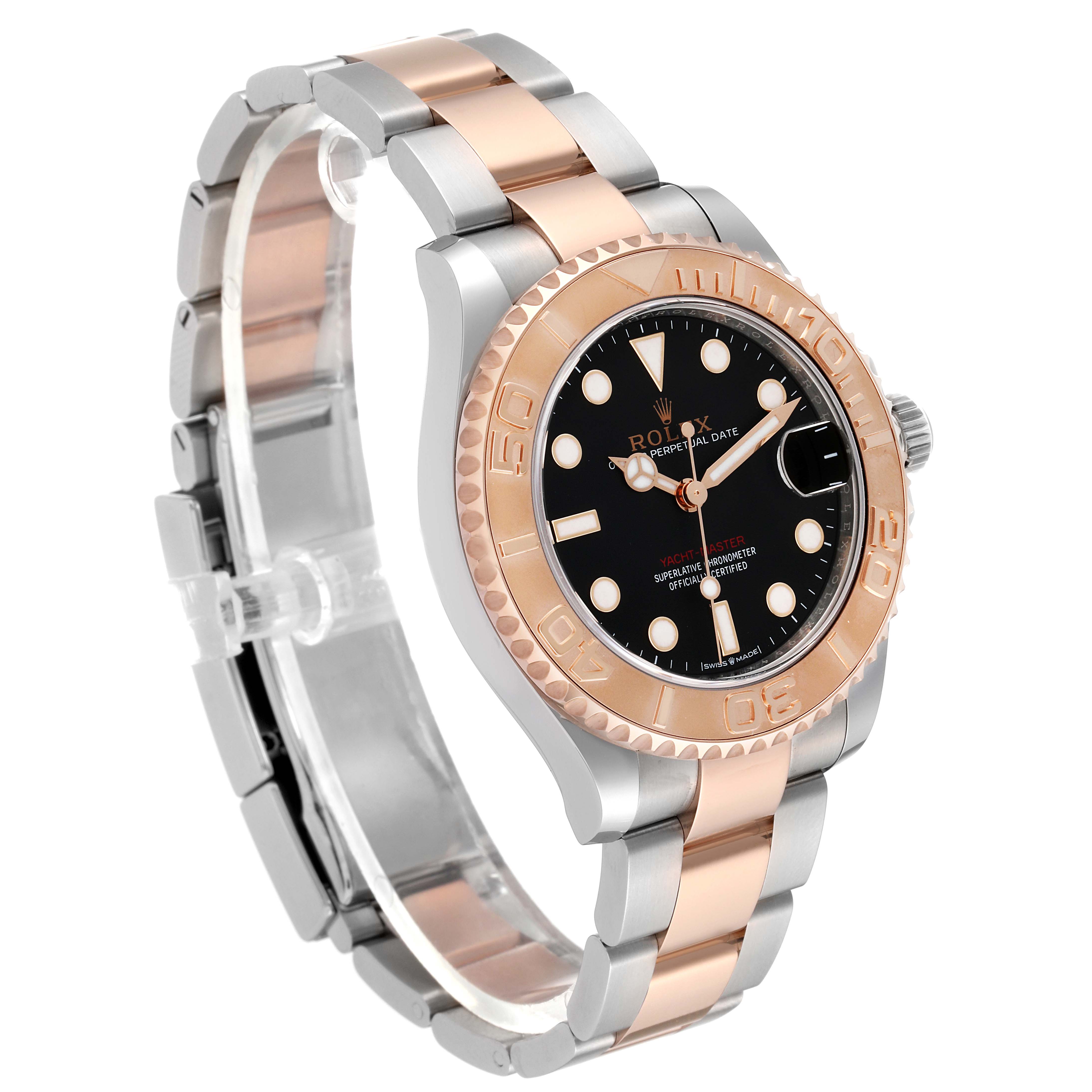 The Rolex Yacht-Master 268621 Men
s Steel and Gold (two tone) Black Dial 268621 Men
s Steel and Gold (two tone) Black Dial watch is shown at a slight angle, displaying its face, bezel, and two-tone metal bracelet.