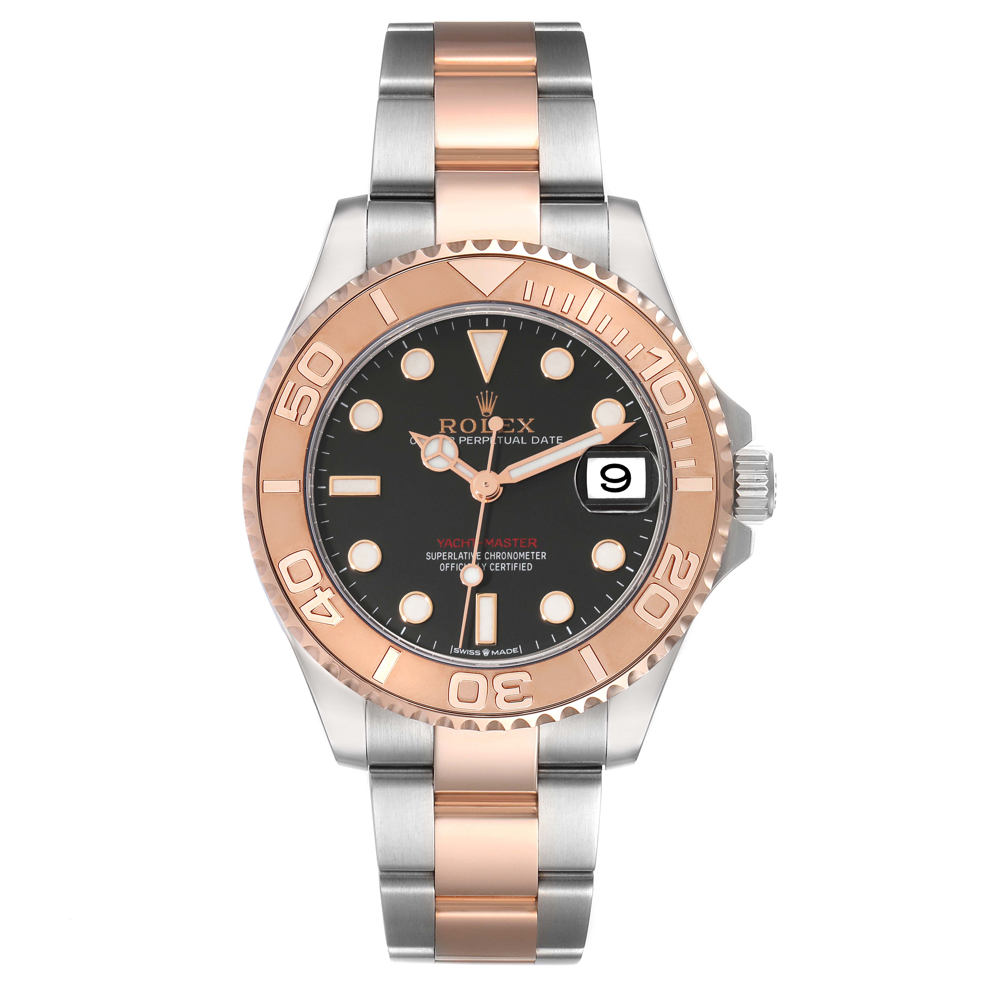 The image shows a frontal view of a Rolex Yacht-Master 268621 Men
s Steel and Gold (two tone) Black Dial 268621 Men
s Steel and Gold (two tone) Black Dial watch, displaying the bezel, dial, hands, and band.