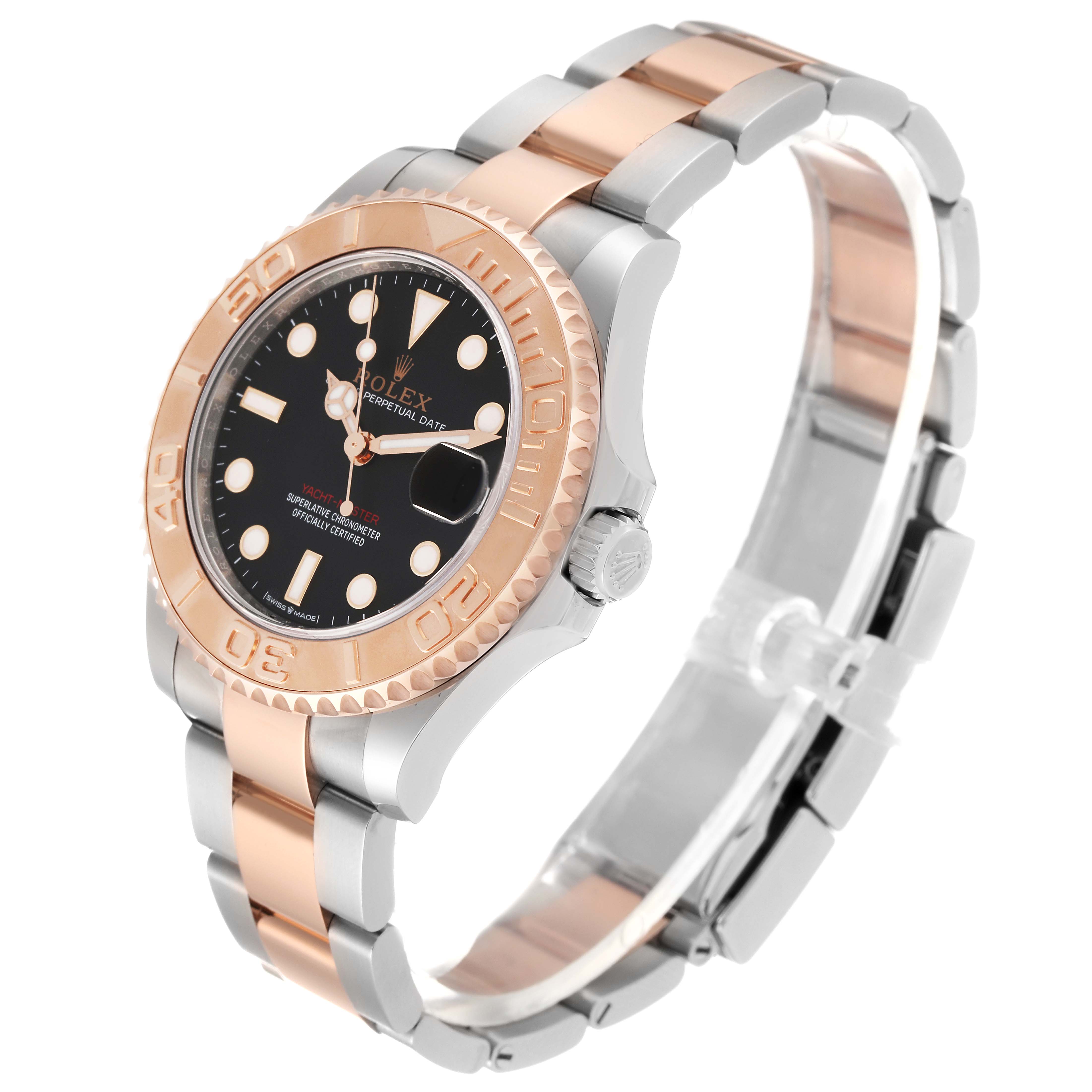 The image shows a Rolex Yacht-Master 268621 Men
s Steel and Gold (two tone) Black Dial 268621 Men
s Steel and Gold (two tone) Black Dial watch at a three-quarter angle, highlighting its rose gold and stainless steel bracelet, black dial, and bezel.