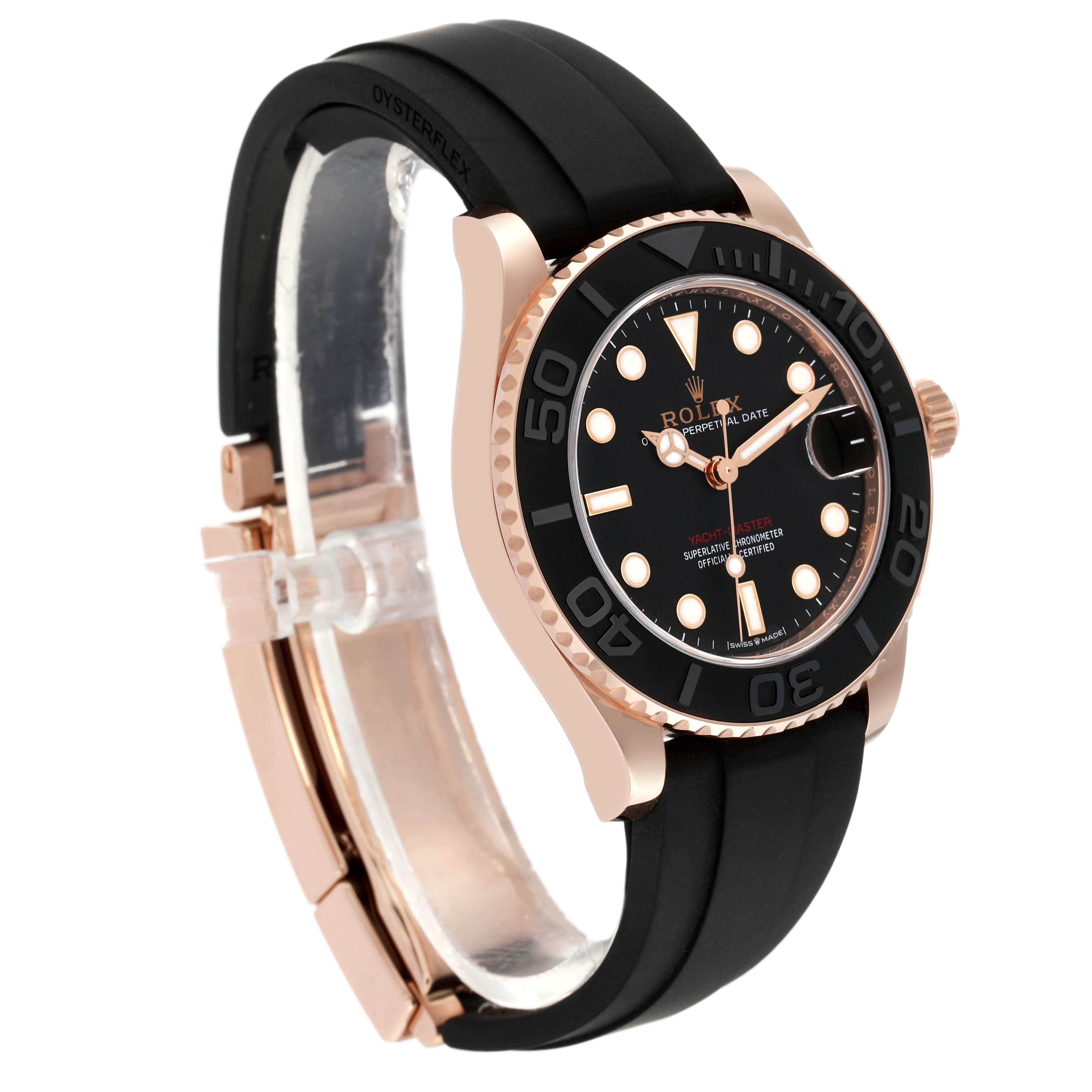 The Rolex Yacht-Master 268655 Men's Rose Gold Black Dial 268655 Men's Rose Gold Black Dial watch is displayed at a three-quarter angle, showing the face, bezel, crown, and strap with its clasp.
