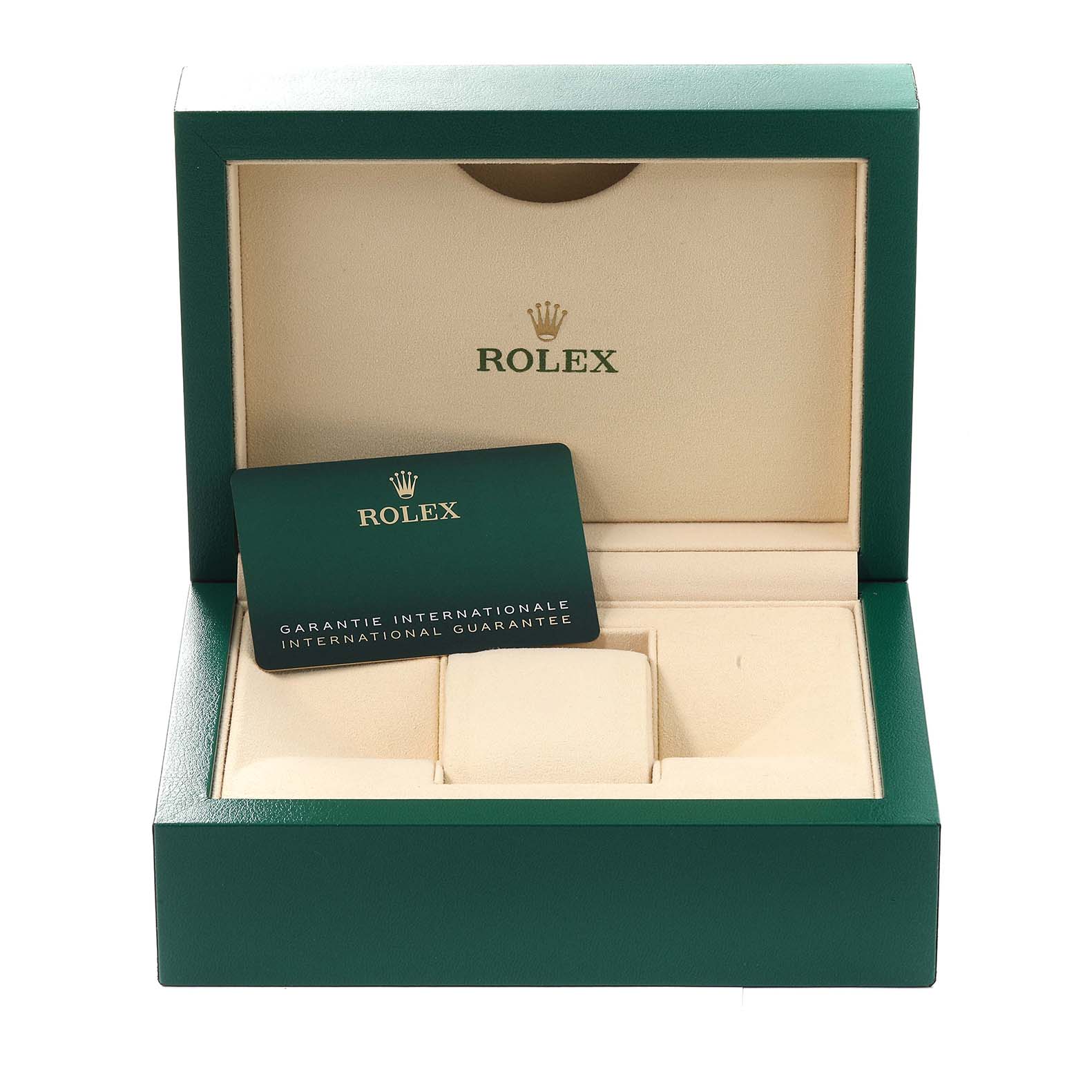 The image shows the open box of a Rolex Yacht-Master 268655 Men's Rose Gold Black Dial 268655 Men's Rose Gold Black Dial watch with a guarantee card inside.