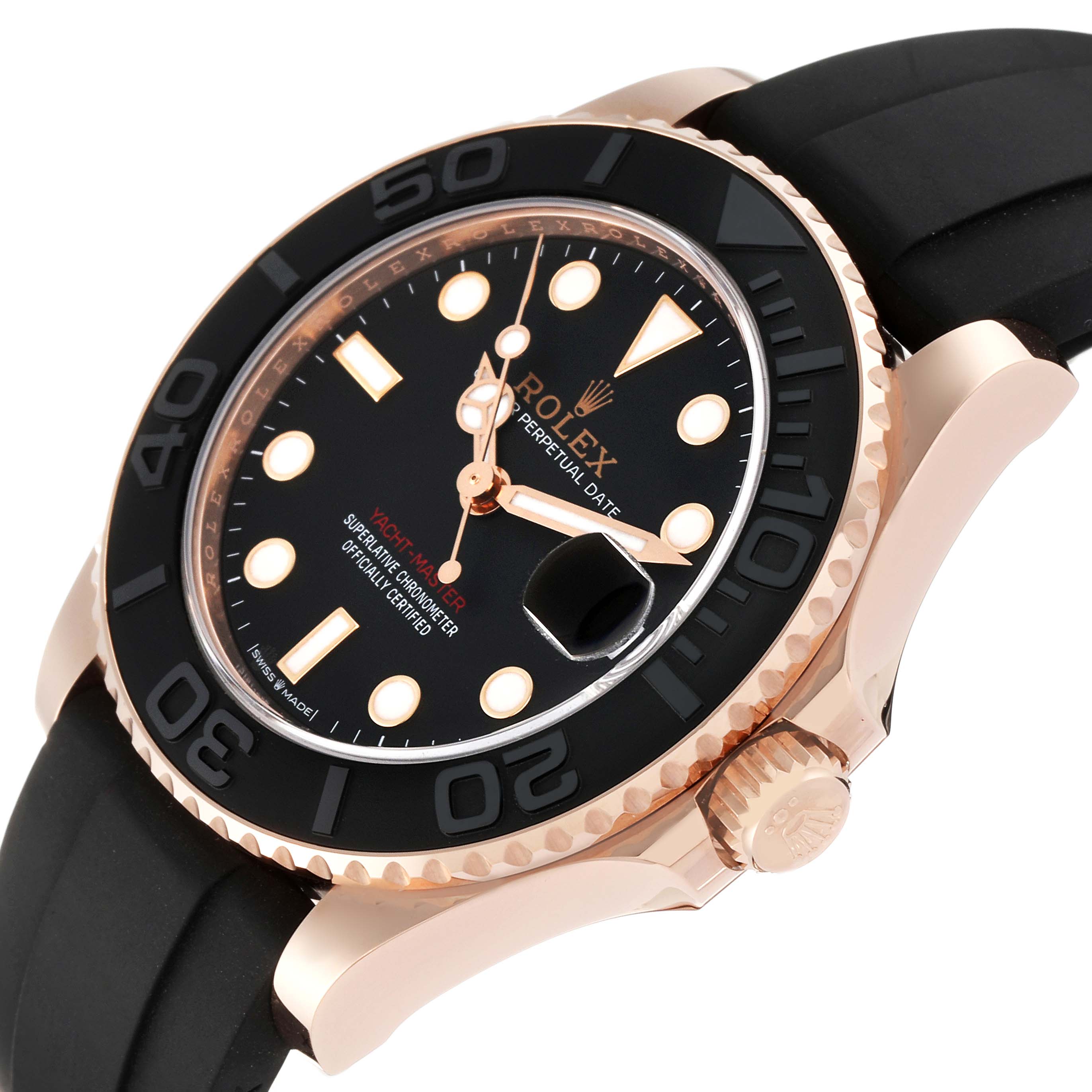 The image shows a side view of a Rolex Yacht-Master 268655 Men's Rose Gold Black Dial 268655 Men's Rose Gold Black Dial watch, showcasing the bezel, dial, crown, and strap.