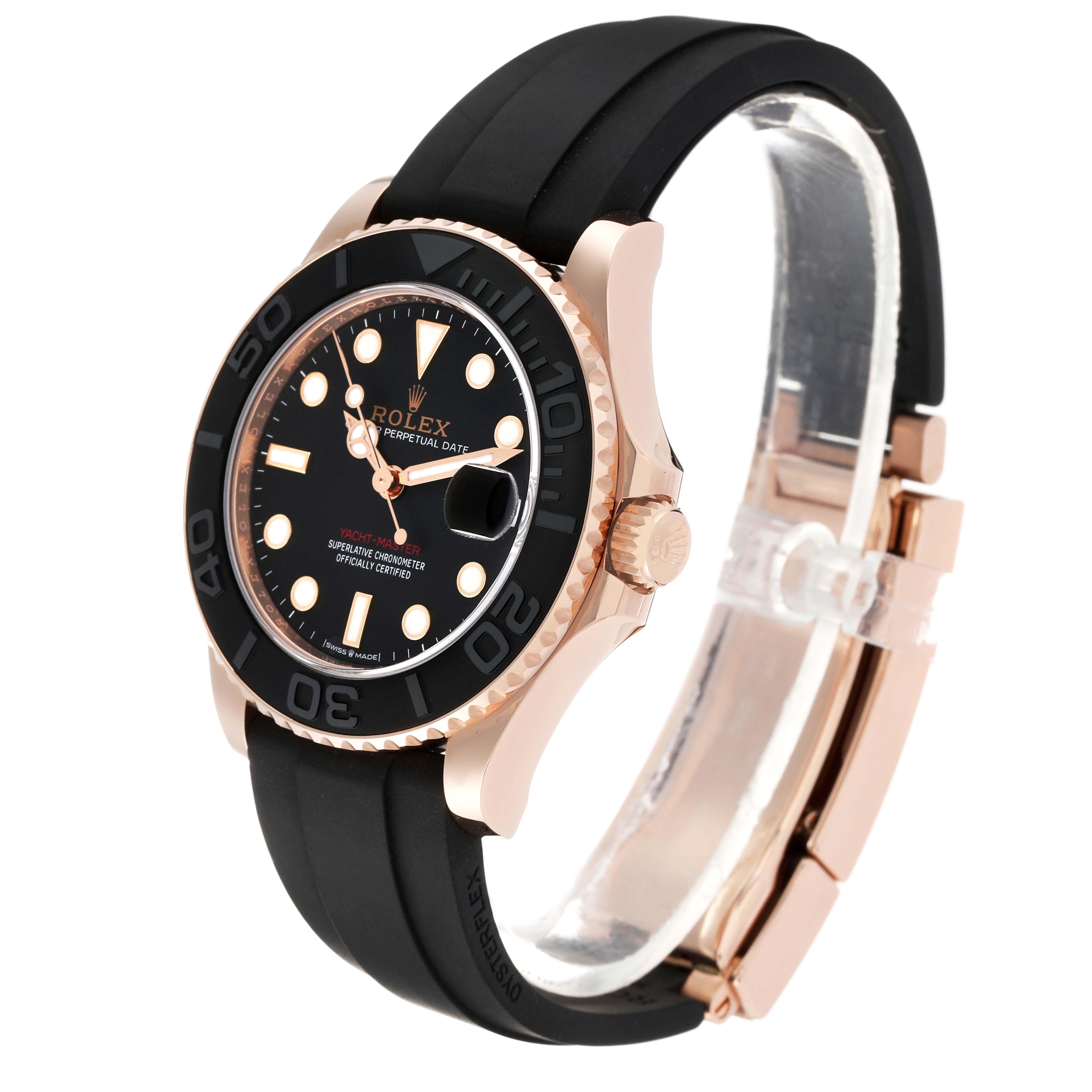 This Rolex Yacht-Master 268655 Men's Rose Gold Black Dial 268655 Men's Rose Gold Black Dial watch is angled to show the face, case, crown, and black rubber strap.