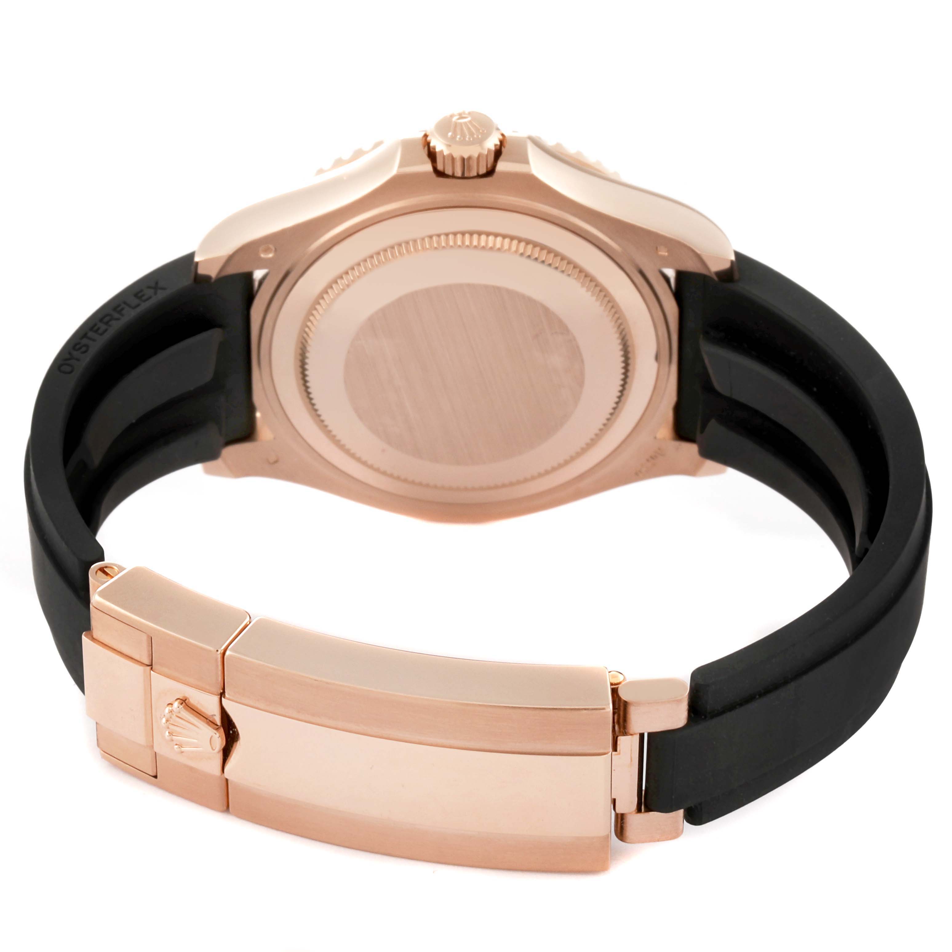 This image shows the back case and clasp of a Rolex Yacht-Master 268655 Men's Rose Gold Black Dial 268655 Men's Rose Gold Black Dial watch from a rear angle.