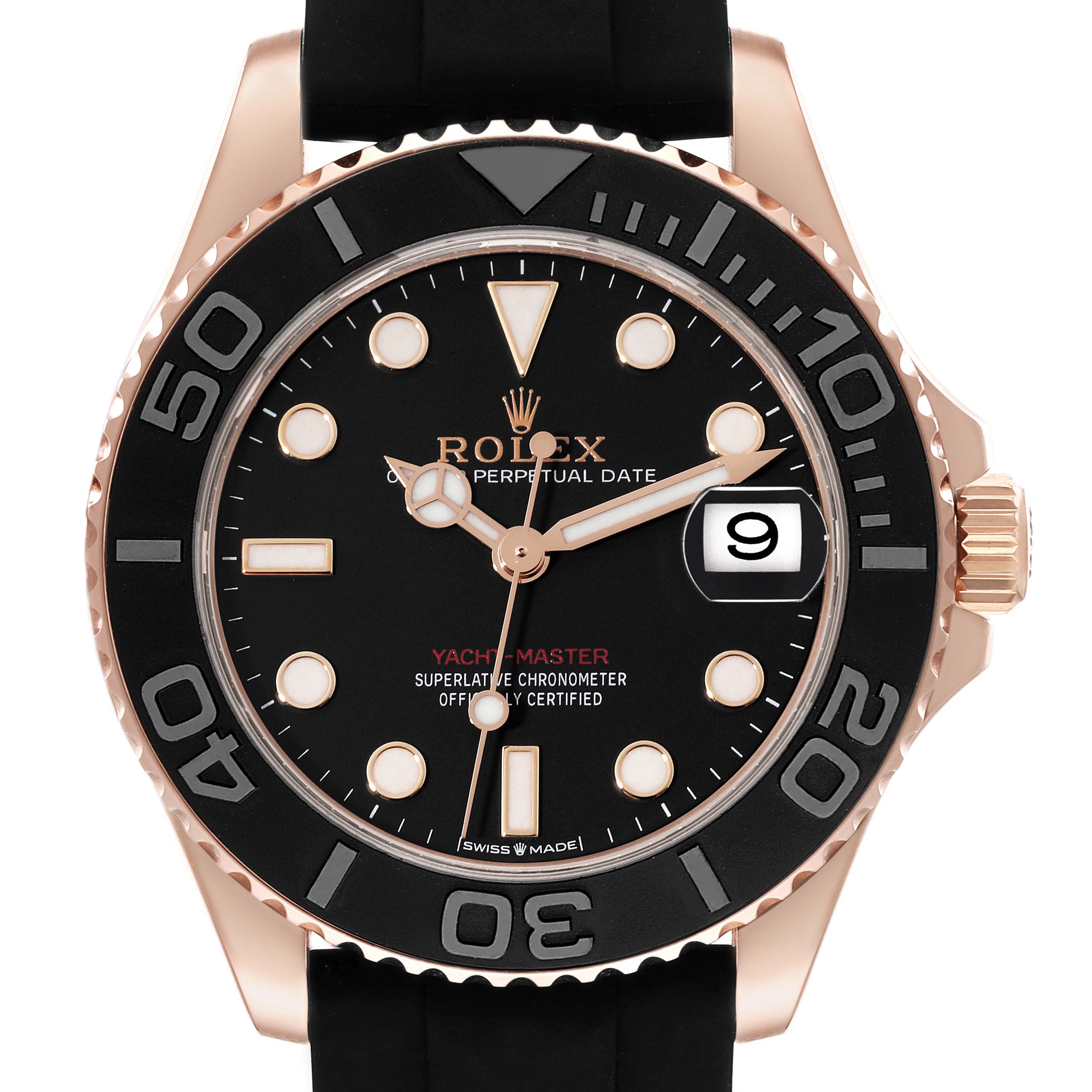 This image shows a front view of the Rolex Yacht-Master 268655 Men's Rose Gold Black Dial 268655 Men's Rose Gold Black Dial watch, highlighting the bezel, dial, hands, and date display.