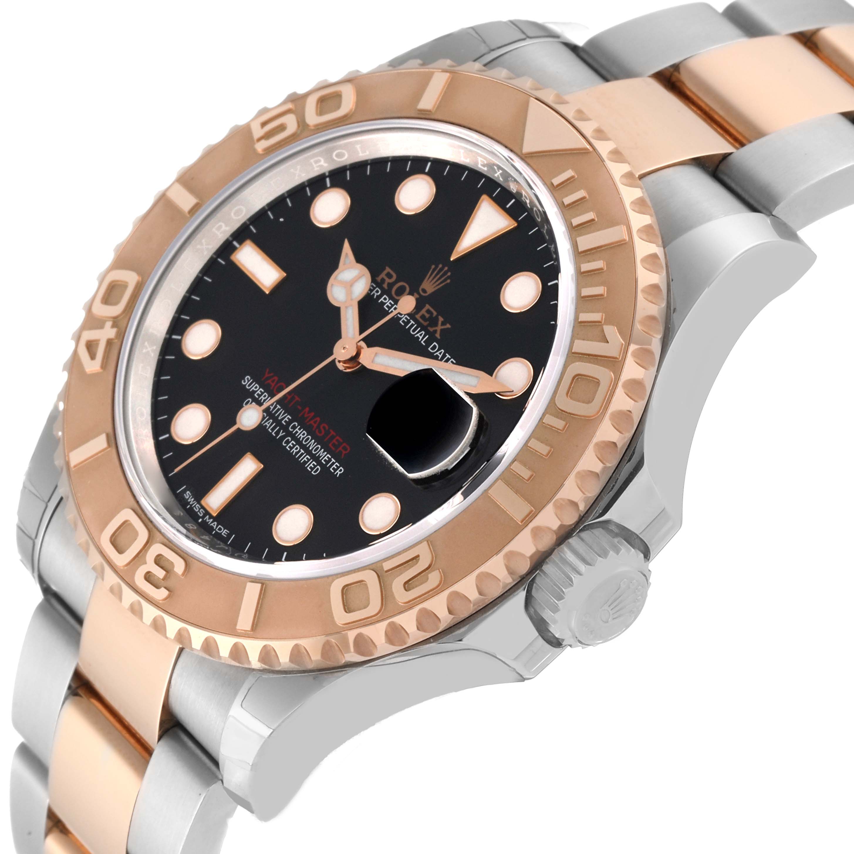 The Rolex Yacht-Master 116621 Men's Steel and Gold (two tone) Black Dial 116621 Men's Steel and Gold (two tone) Black Dial watch is shown at a slight angle, highlighting the bezel, dial, crown, and two-tone bracelet.