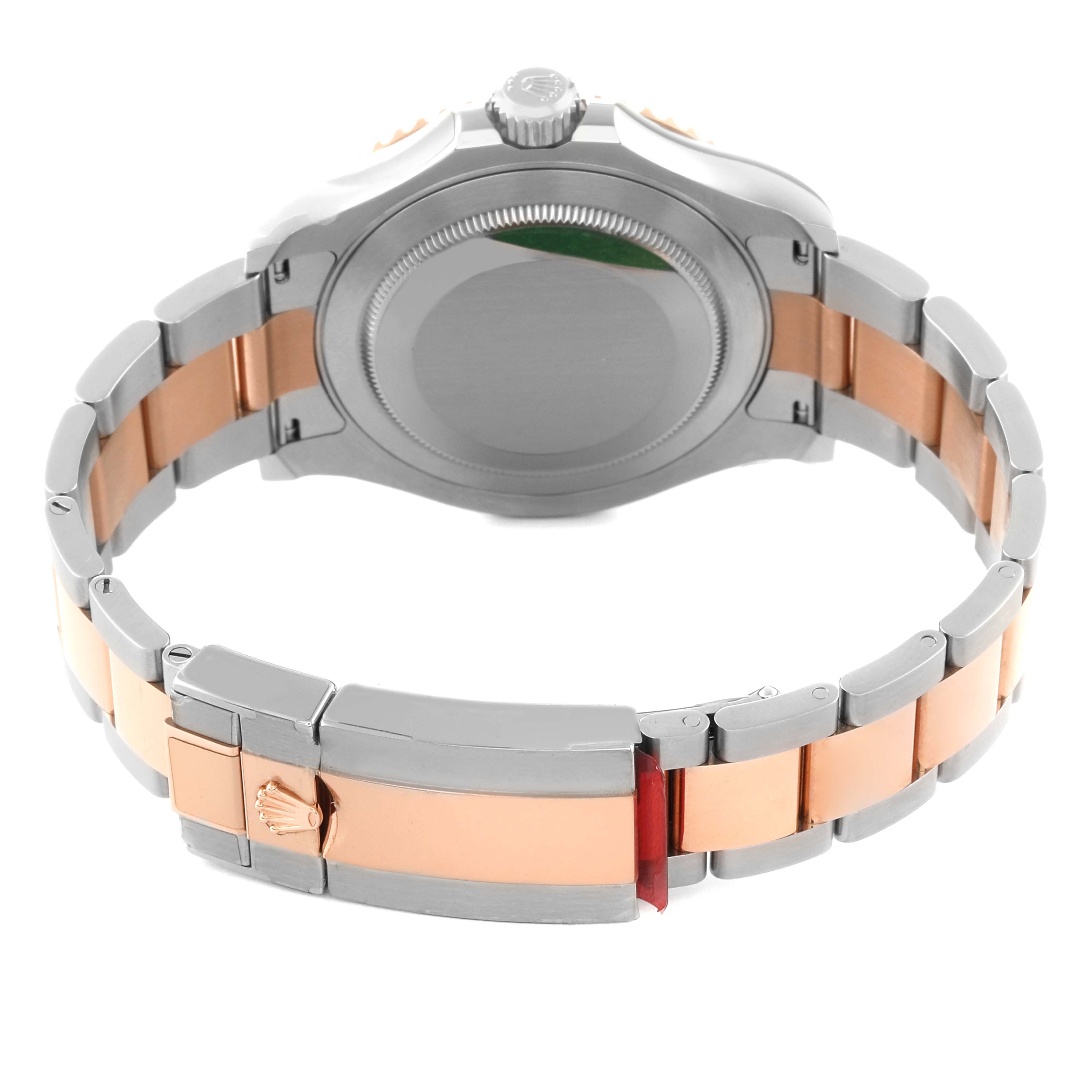 This image shows the back view of the Rolex Yacht-Master 116621 Men's Steel and Gold (two tone) Black Dial 116621 Men's Steel and Gold (two tone) Black Dial watch, highlighting the case back and bi-color bracelet.