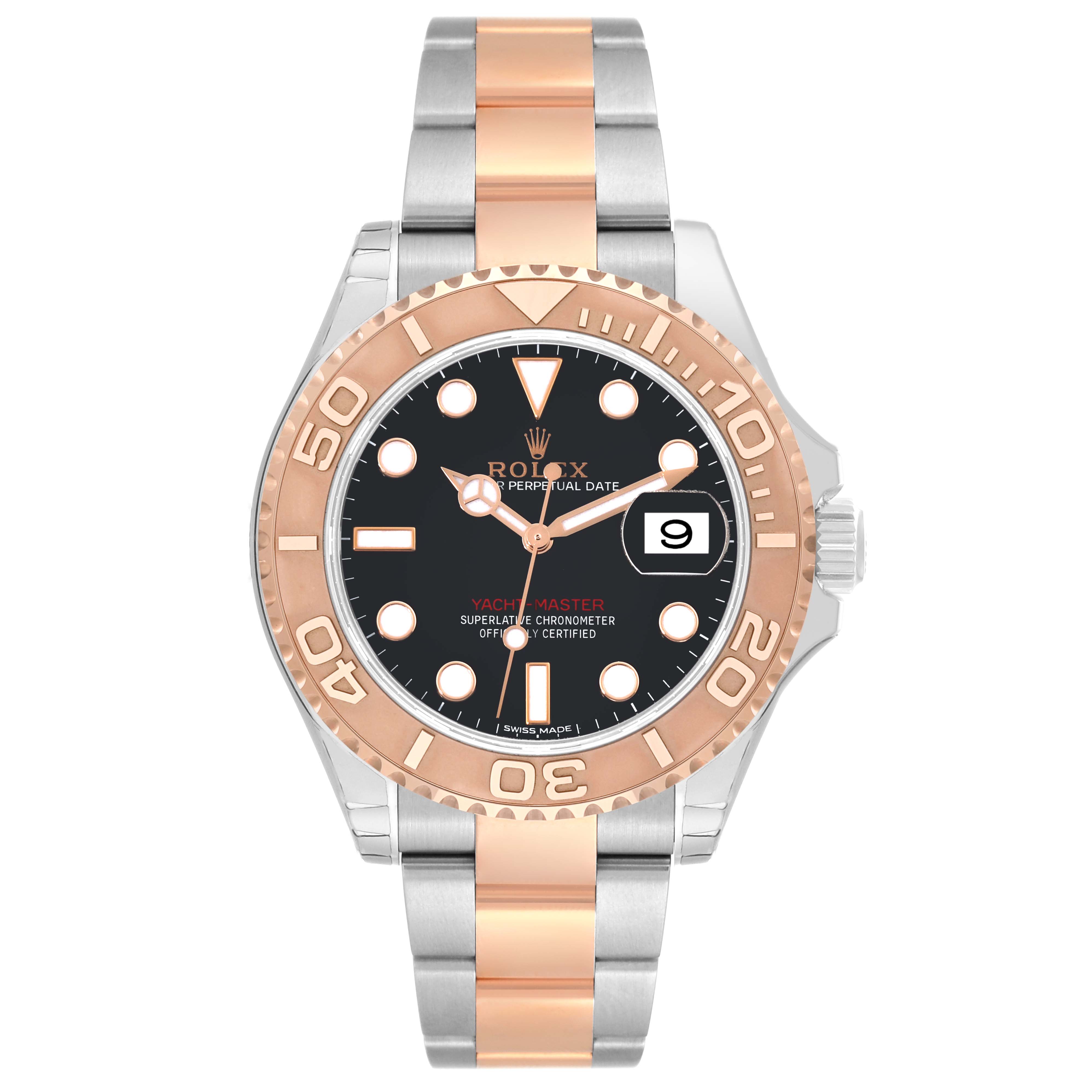 The image shows a frontal view of a Rolex Yacht-Master 116621 Men's Steel and Gold (two tone) Black Dial 116621 Men's Steel and Gold (two tone) Black Dial watch, showcasing its dial, bezel, and bracelet.