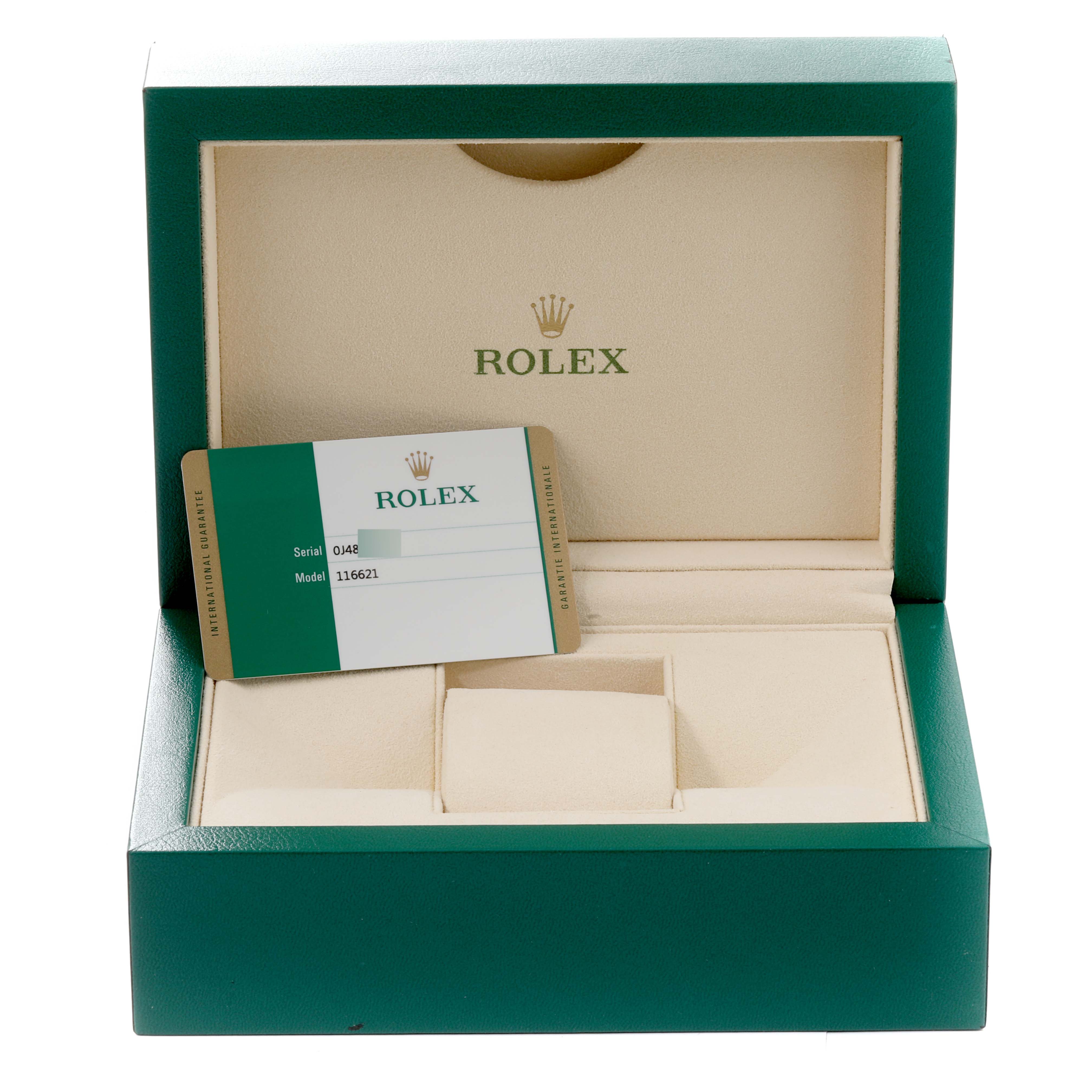 This image shows the inside view of a Rolex watch box for the Yacht-Master model, including a warranty card.