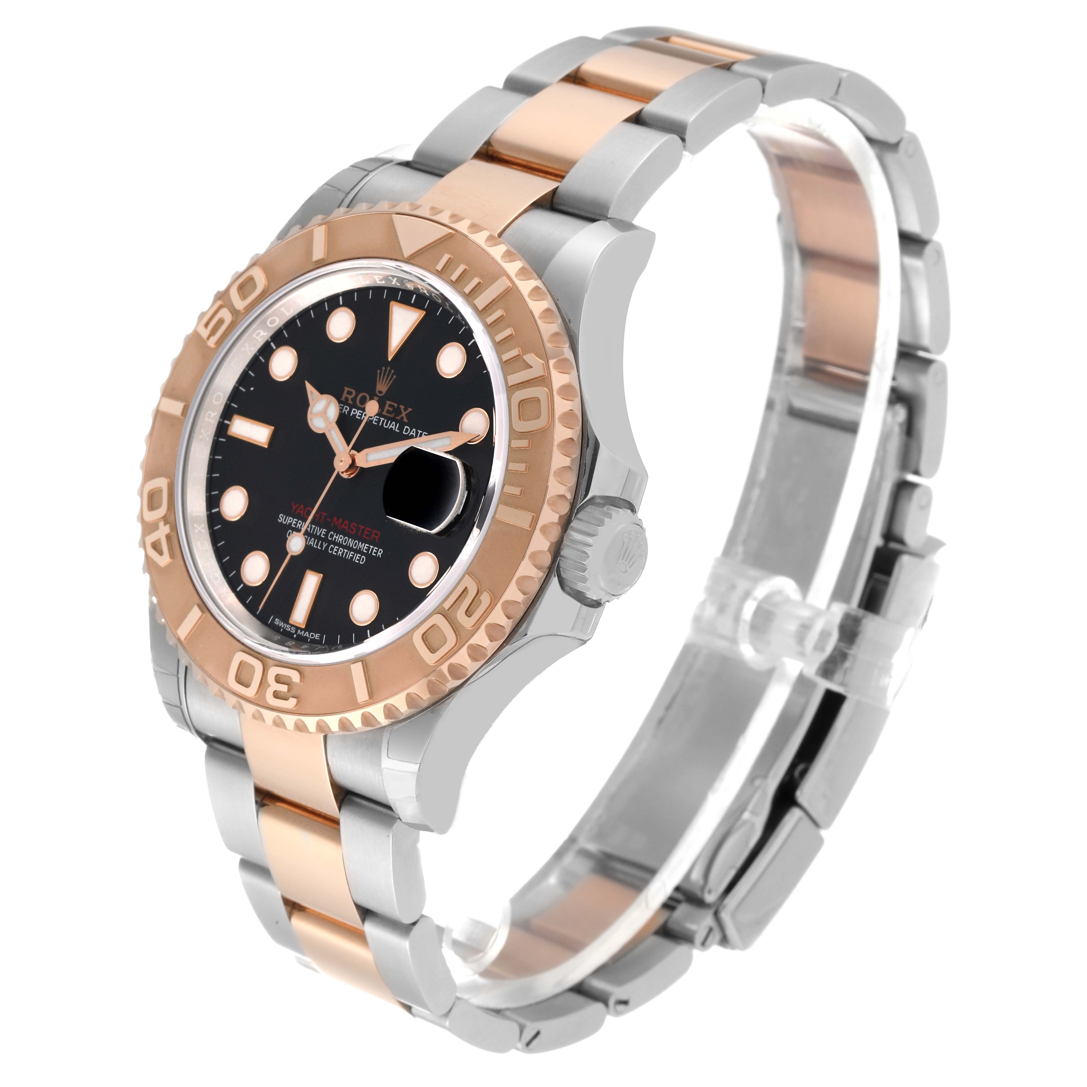 This Rolex Yacht-Master 116621 Men's Steel and Gold (two tone) Black Dial 116621 Men's Steel and Gold (two tone) Black Dial watch is shown at a slight angle, displaying its bezel, dial, crown, and bracelet.